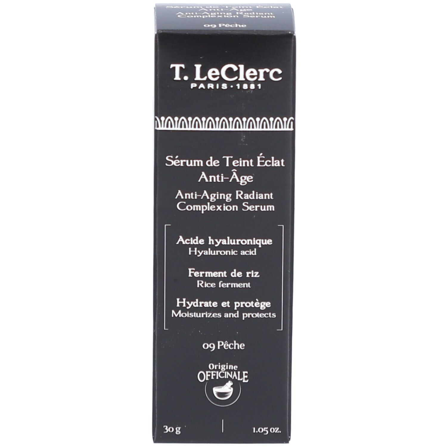Verpackung. Aufschrift: T.LeClerc, Sérum de Teint Éclat Anti-Âge, 09 Pêche, 30g, 1.05 oz.