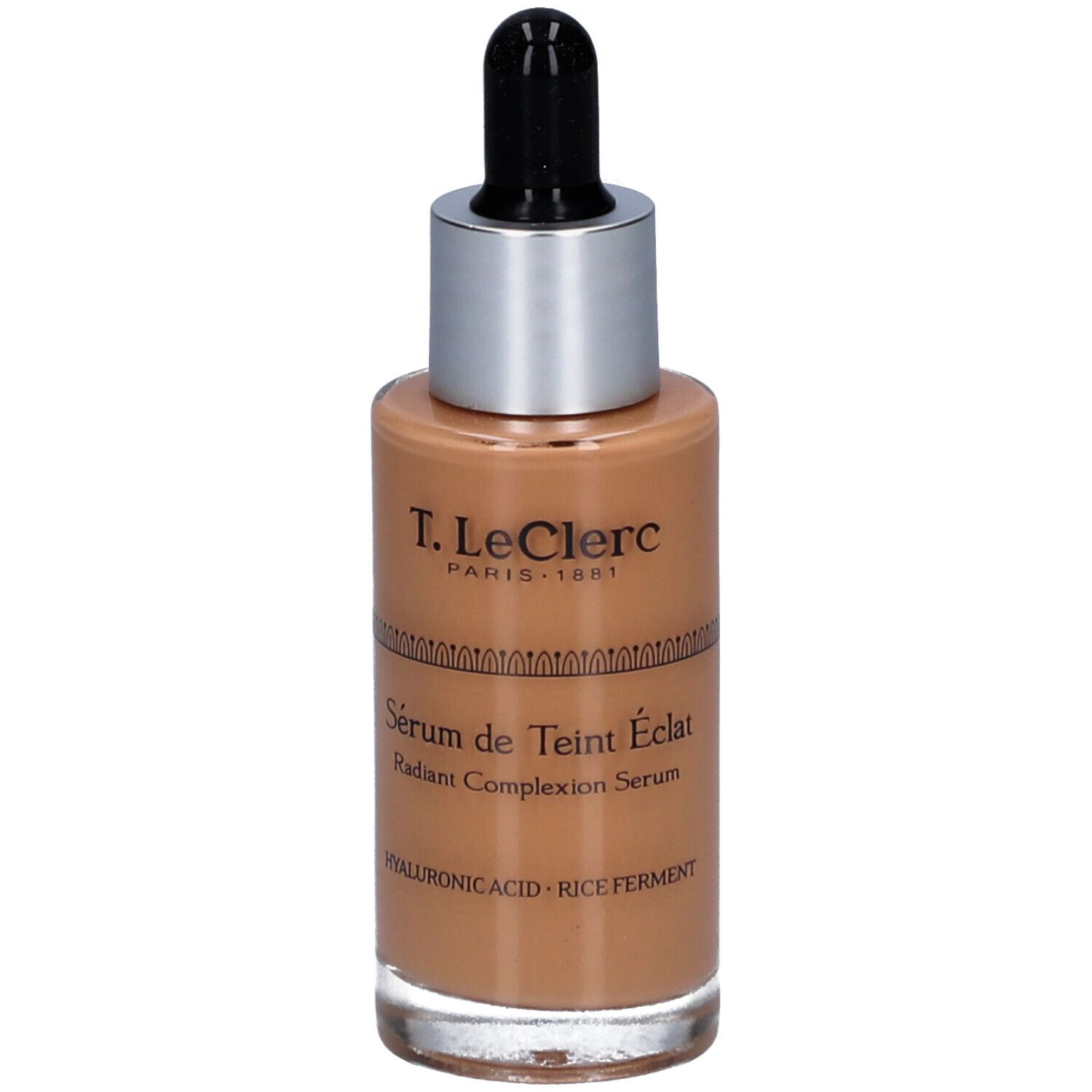 T. LeClerc Serumflasche mit Pipette. Aufschrift: Sérum de Teint Éclat, Radiant Complexion Serum. Enthält Hyaluronsäure und Reisferment.