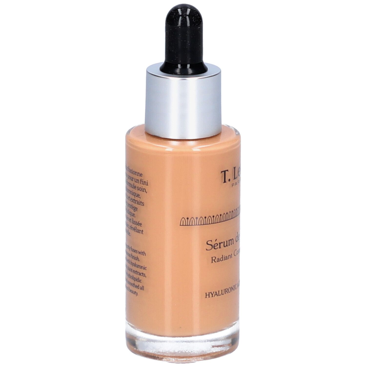 Rückansicht der T. LeClerc Serumflasche. Aufschrift: Sérum de Teint Éclat, Radiant Complexion Serum. Enthält Hyaluronsäure und Reisferment.
