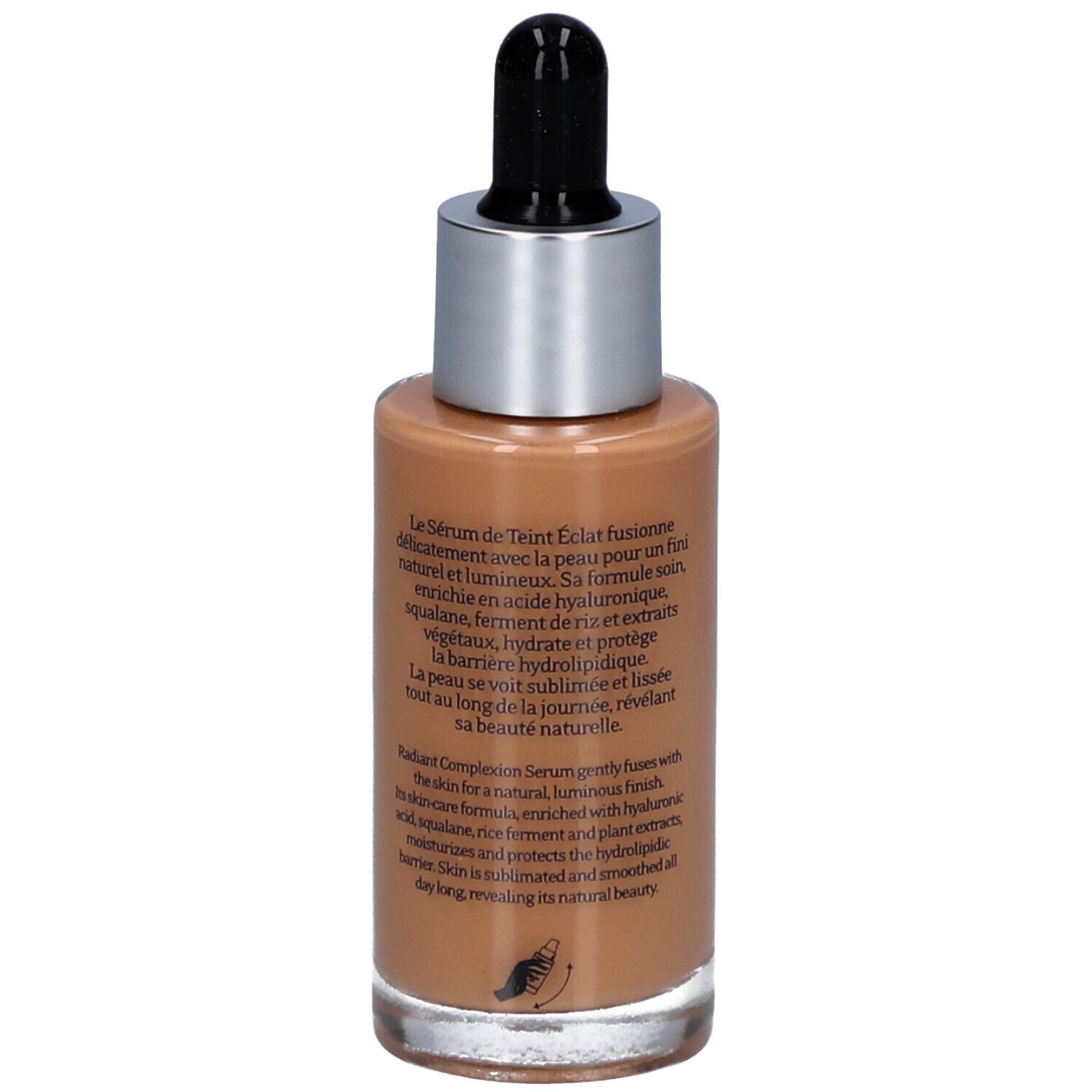 Rückansicht der T. LeClerc Serumflasche. Text über Inhaltsstoffe und Wirkung. Enthält Hyaluronsäure, Reisferment und Pflanzenextrakte.