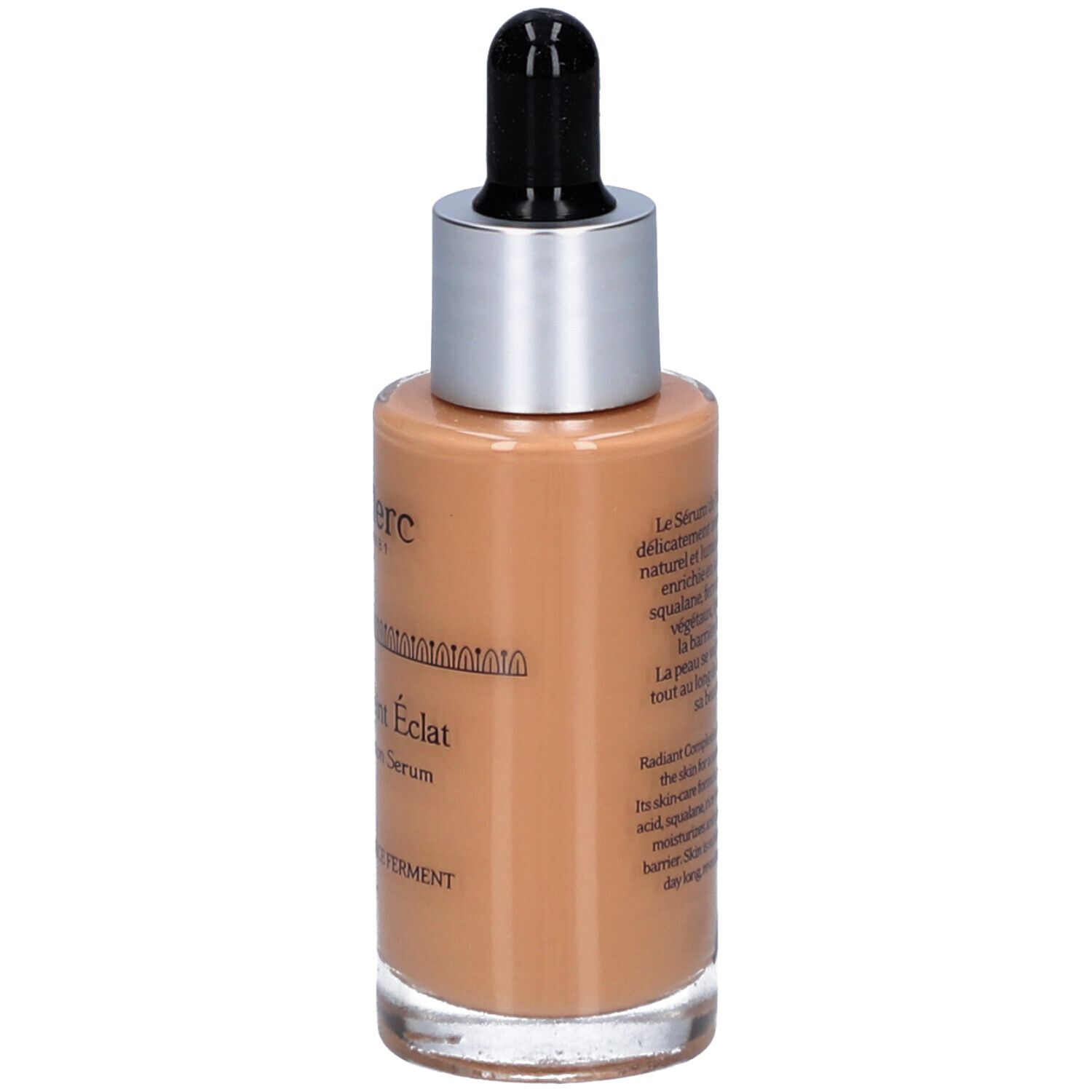 Rückansicht der T. LeClerc Serumflasche. Aufschrift: Sérum de Teint Éclat, Radiant Complexion Serum. Enthält Hyaluronsäure und Reisferment.