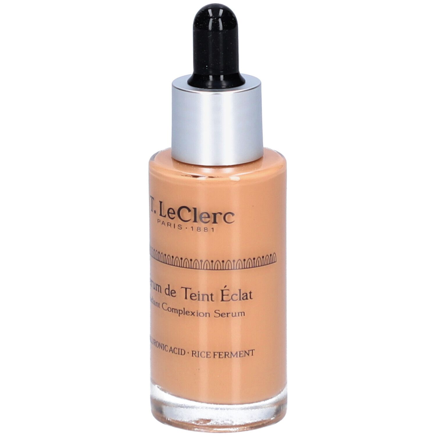 T. LeClerc Serumflasche mit Pipette. Aufschrift: Sérum de Teint Éclat, Radiant Complexion Serum. Enthält Hyaluronsäure und Reisferment.