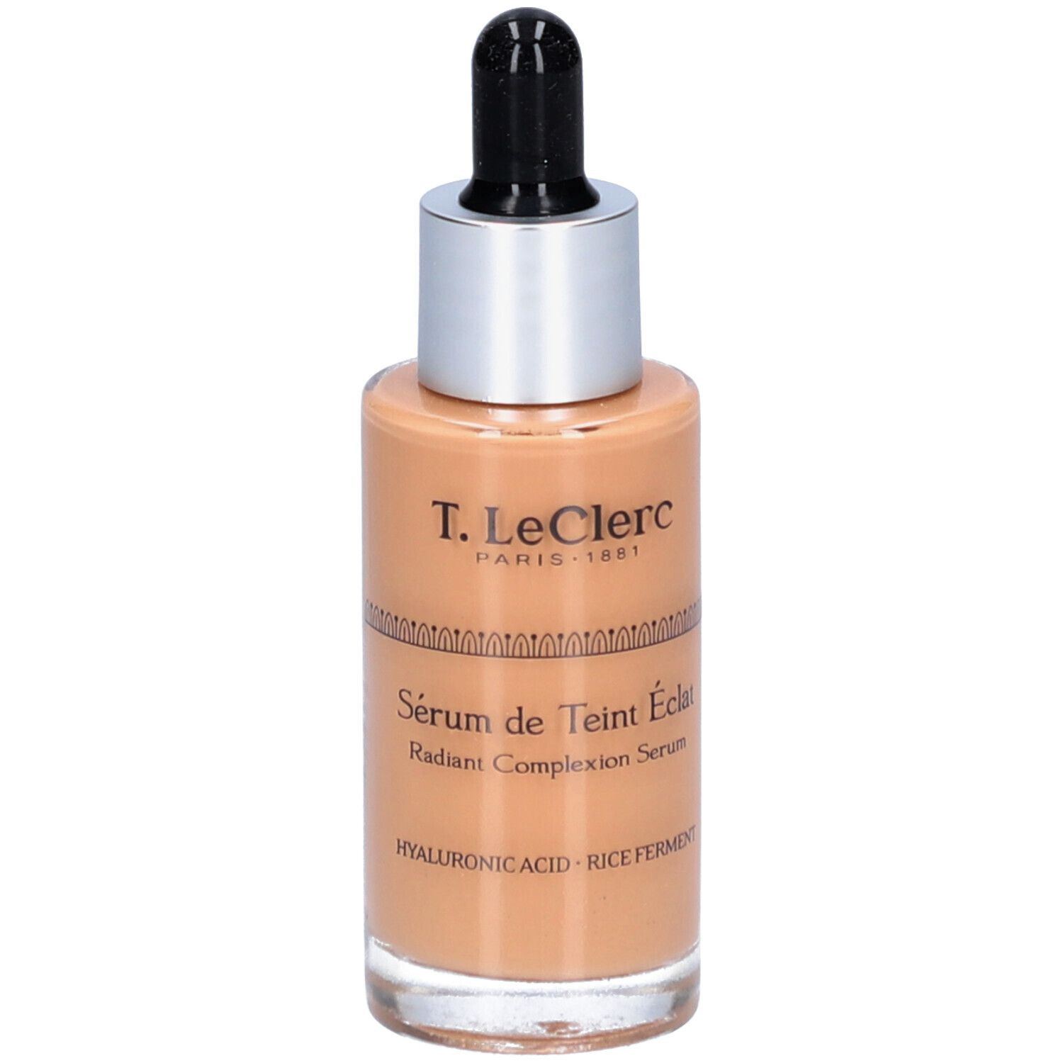 T. LeClerc Serumflasche mit Pipette. Aufschrift: Sérum de Teint Éclat, Radiant Complexion Serum. Enthält Hyaluronsäure und Reisferment.