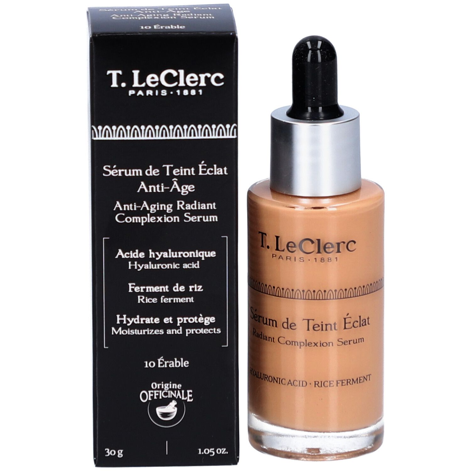 T. LeClerc Serum und Verpackung. Aufschrift: Sérum de Teint Éclat Anti-Âge, Anti-Aging Radiant Complexion Serum. Enthält Hyaluronsäure und Reisferment.