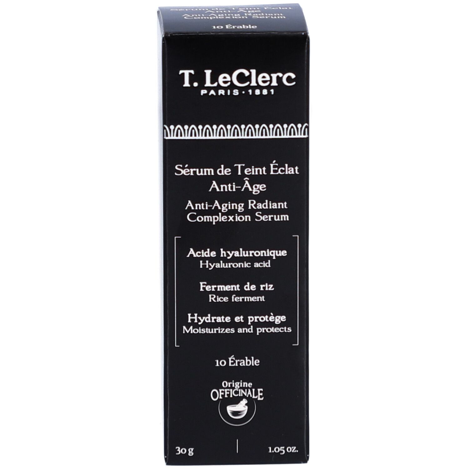 T. LeClerc Serum und Verpackung. Aufschrift: Sérum de Teint Éclat Anti-Âge, Anti-Aging Radiant Complexion Serum. Enthält Hyaluronsäure und Reisferment.