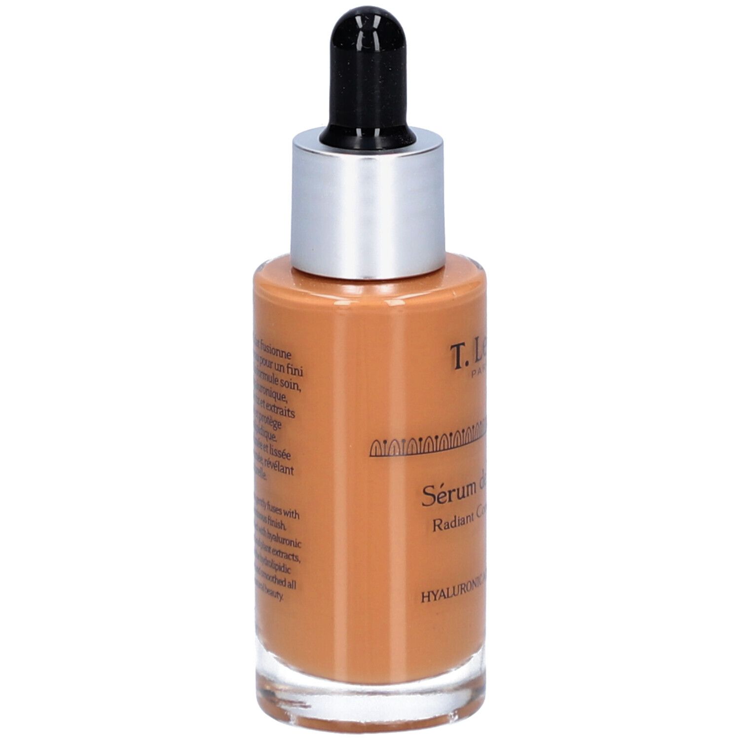 Rückseite des Serumflakons. Marke T.LeClerc. Aufschrift: Sérum de Teint Éclat, Radiant Complexion Serum.