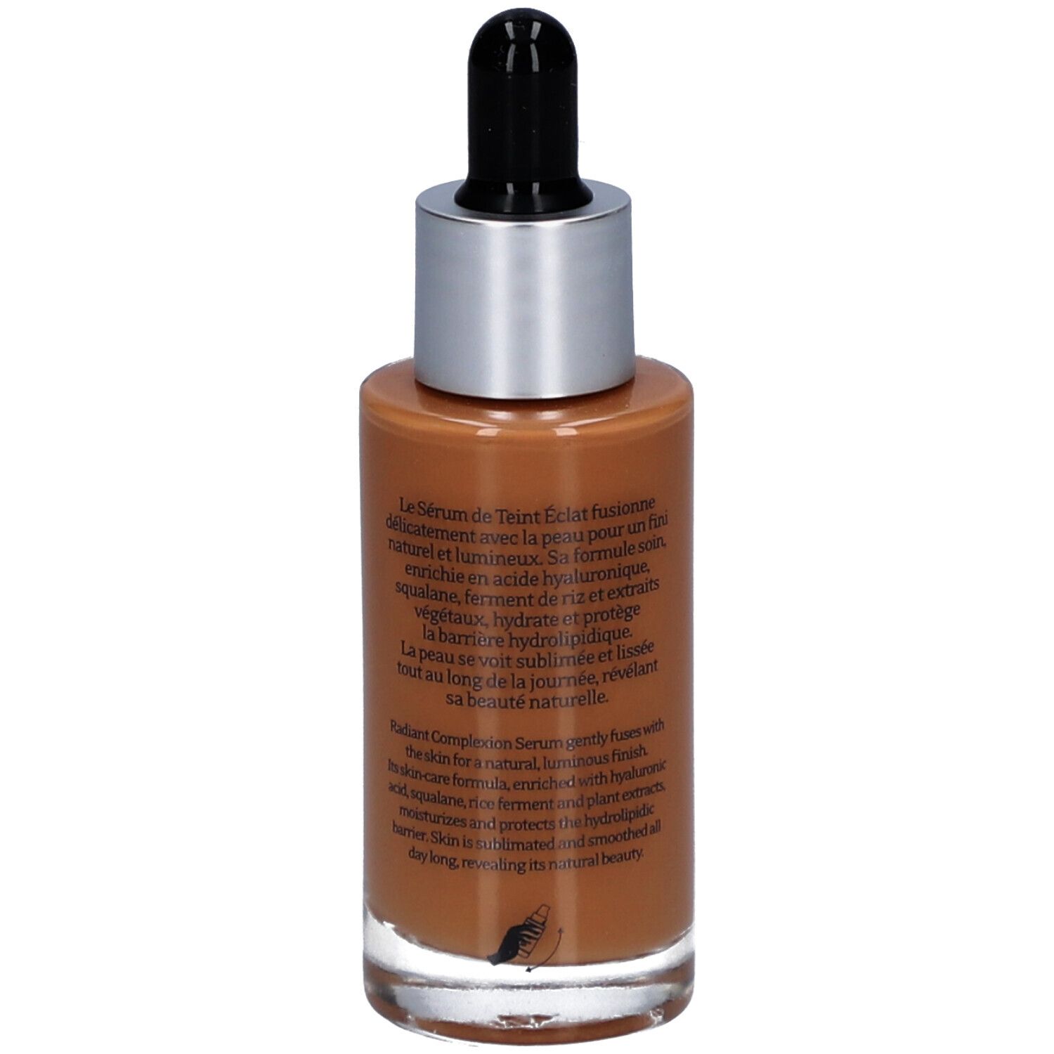 Rückseite des Serumflakons. Marke T.LeClerc. Text mit Inhaltsstoffen und Eigenschaften. Sérum de Teint Éclat.