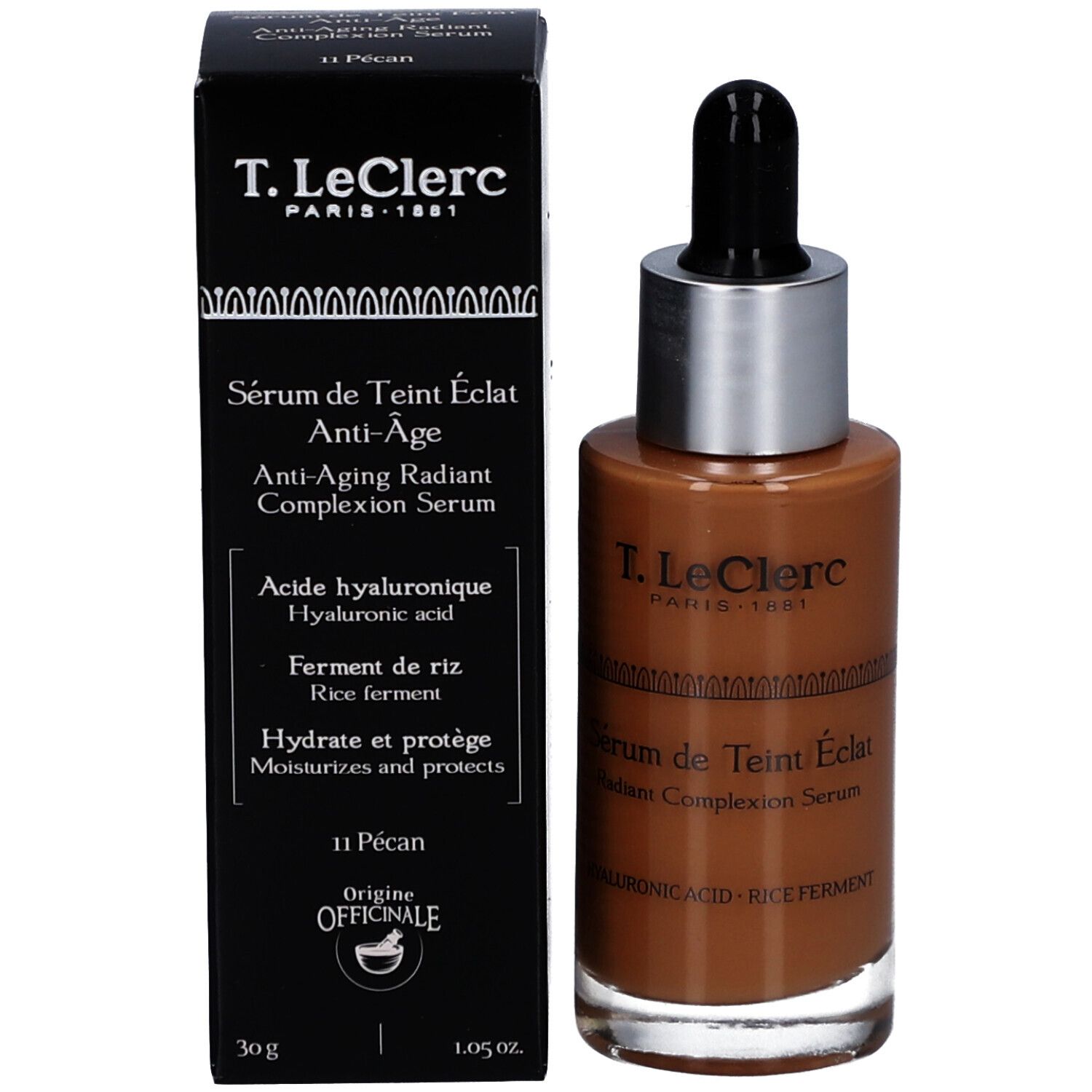 Serumflakon und Verpackung. Marke T.LeClerc. Aufschrift: Sérum de Teint Éclat Anti-Âge, 11 Pécan.