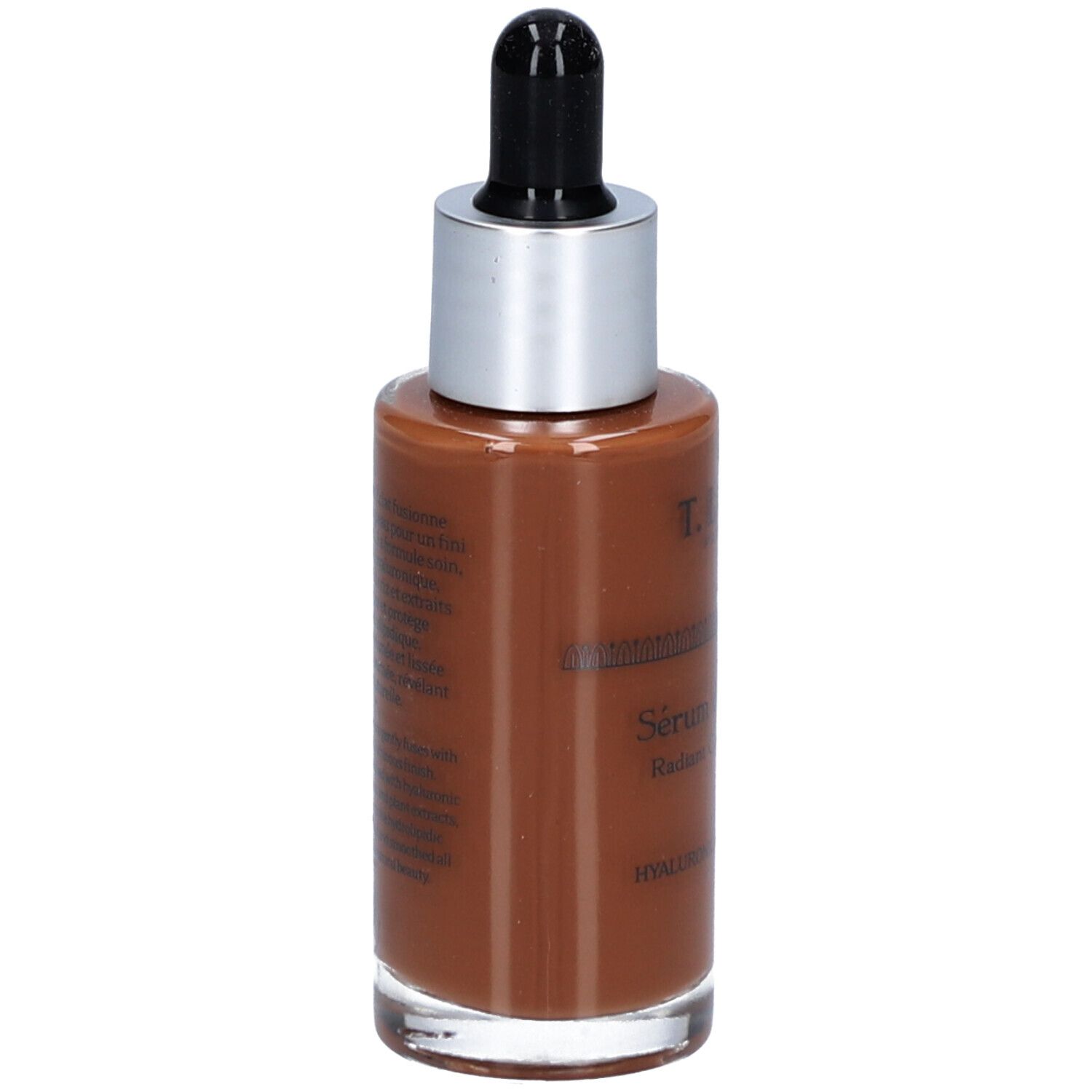 Braune Serumflasche mit silbernem Deckel und schwarzer Pipette. Beschriftung: T. LeClerc, Sérum de Teint Éclat, Radiant Complexion Serum.