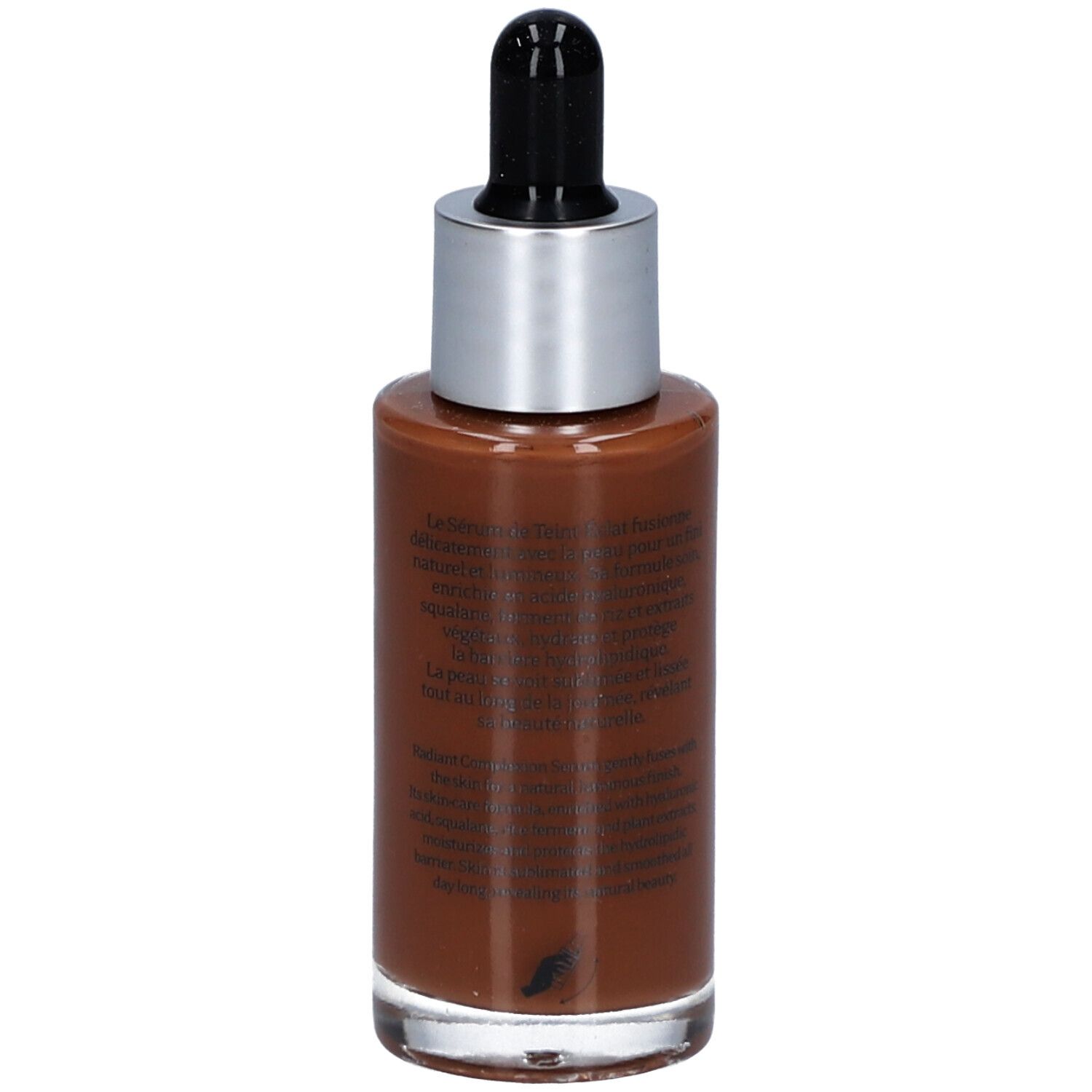 Braune Serumflasche mit silbernem Deckel und schwarzer Pipette. Beschriftung: T. LeClerc, Sérum de Teint Éclat, Radiant Complexion Serum.