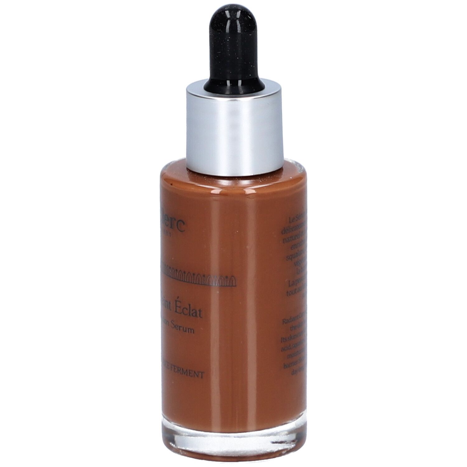 Braune Serumflasche mit silbernem Deckel und schwarzer Pipette. Beschriftung: T. LeClerc, Sérum de Teint Éclat, Radiant Complexion Serum.