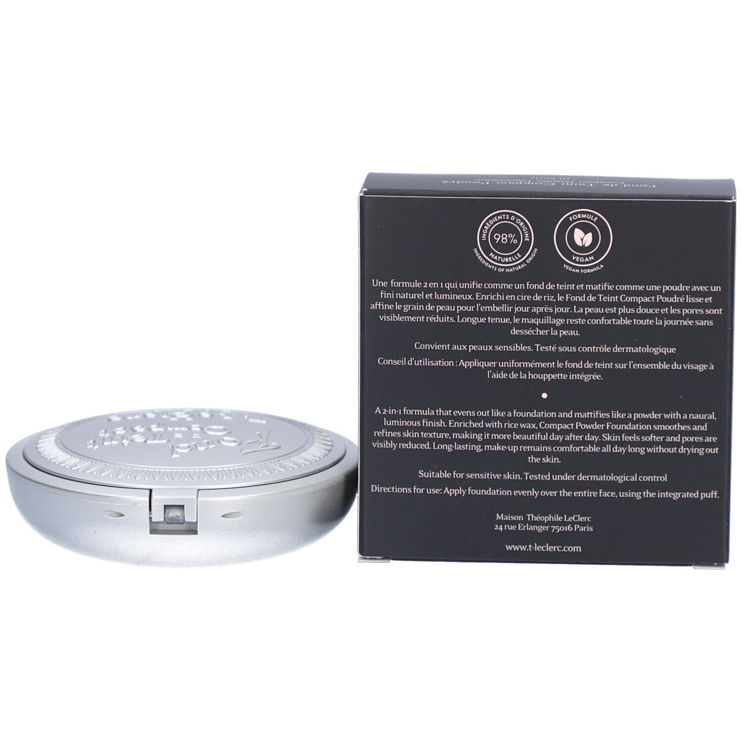 Kompaktpuder-Foundation und Schachtel. Text auf der Schachtel, silberfarbener Behälter.