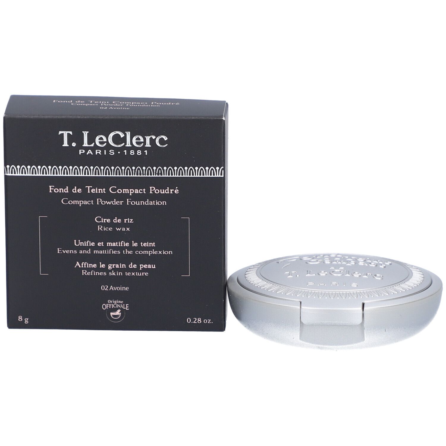 Kompaktpuder-Foundation mit Verpackung. Schwarze Schachtel mit Produktinformationen und silberfarbenes Puderdöschen.