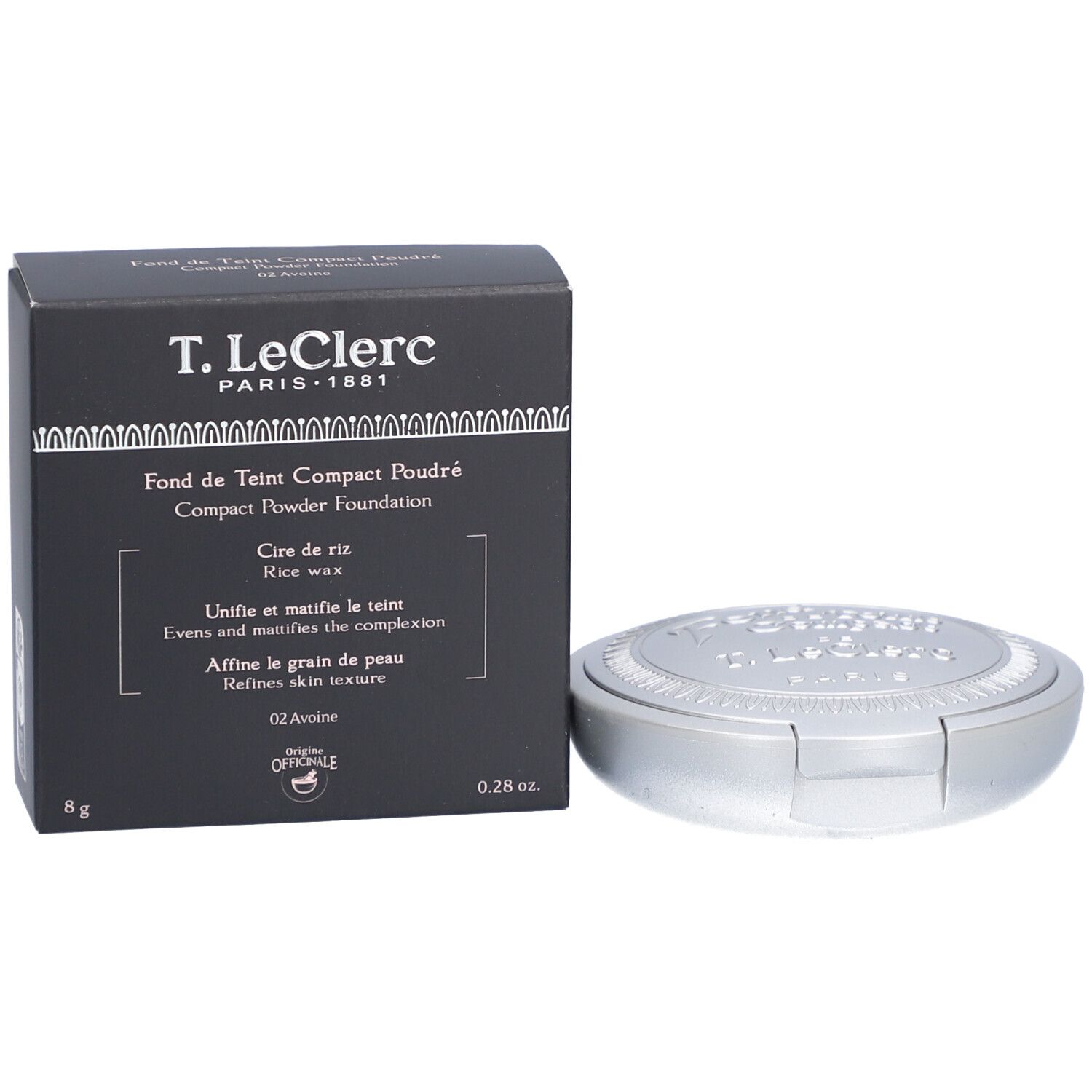 Kompaktpuder-Foundation mit Verpackung. Schwarze Schachtel mit Produktinformationen und silberfarbenes Puderdöschen.