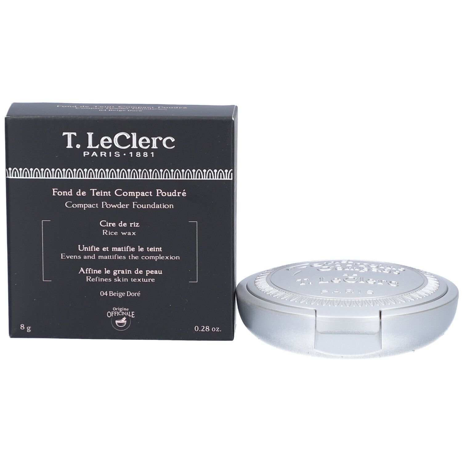 Kompaktpuder-Foundation und Schachtel. Silberfarbenes Gehäuse, schwarze Schachtel mit Produktinformationen. Marke: T. LeClerc.