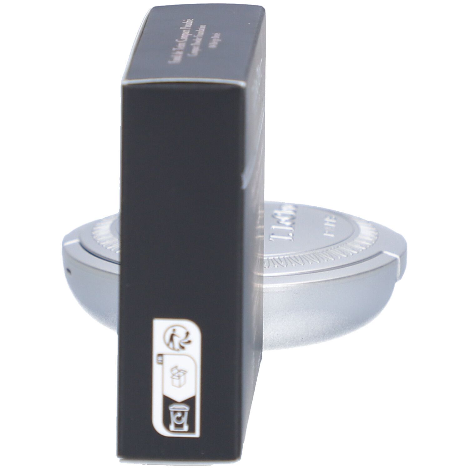 Schwarze Schachtel, Seitenansicht. Produktinformationen und Logos. Marke: T. LeClerc Compact Powder Foundation.