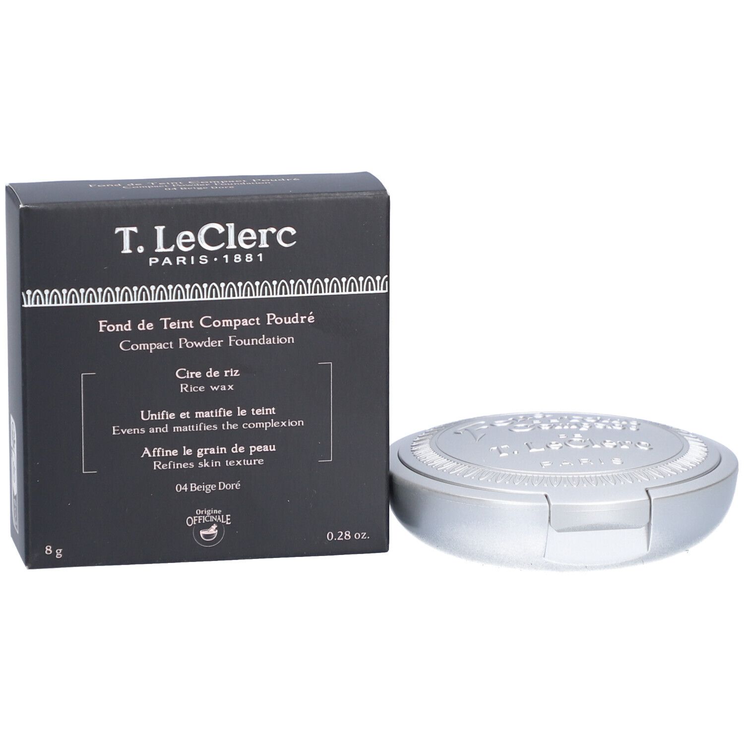Kompaktpuder-Foundation und Schachtel. Silberfarbenes Gehäuse, schwarze Schachtel mit Produktinformationen. Marke: T. LeClerc.