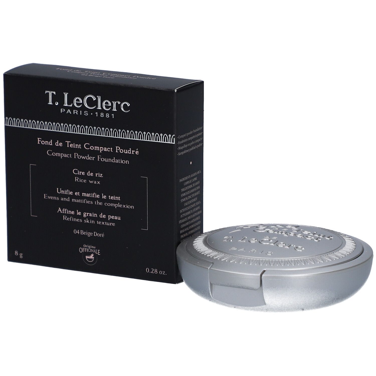 Kompaktpuder-Foundation und Schachtel. Silberfarbenes Gehäuse, schwarze Schachtel mit Produktinformationen. Marke: T. LeClerc.