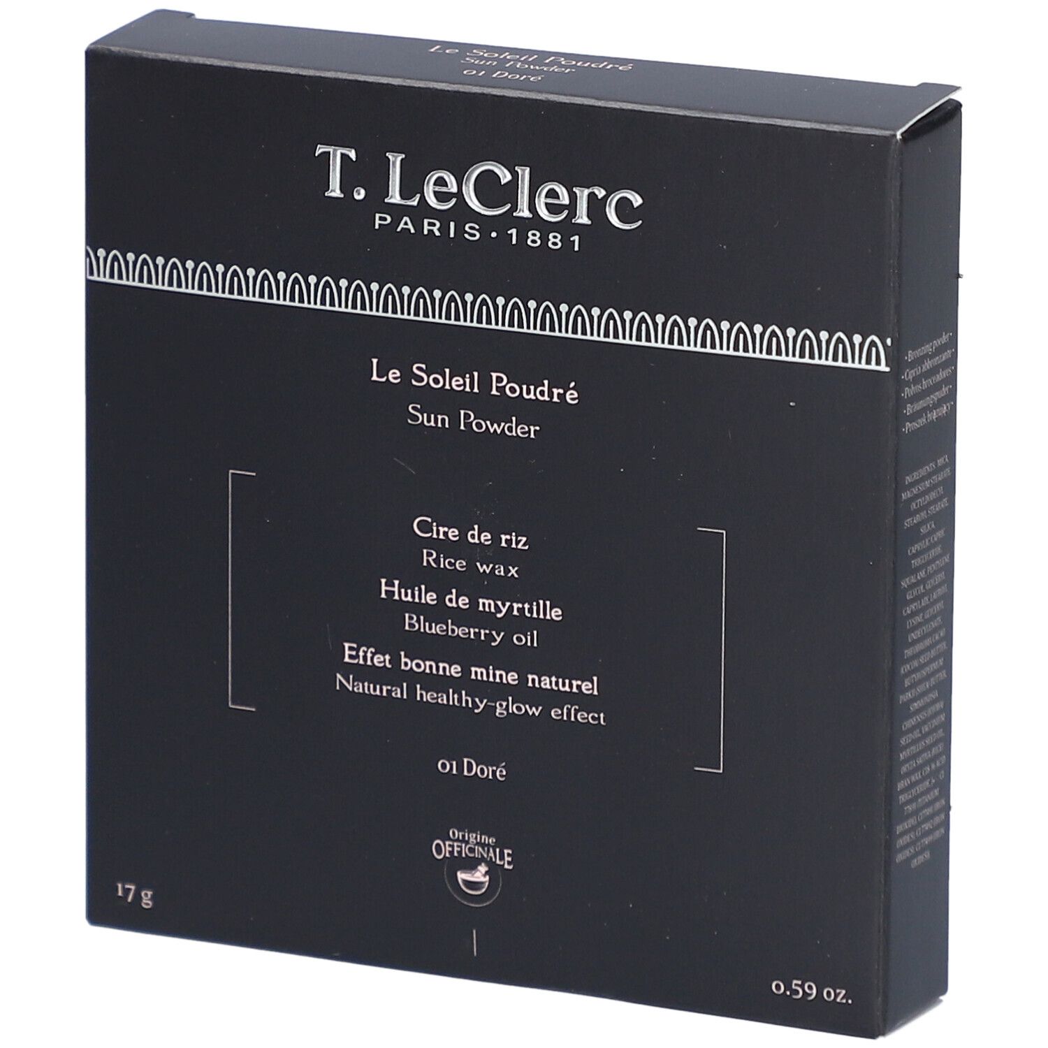 Boîte noire T.LeClerc Poudre Soleil Bronzante - 01 Doré. Ingrédients et poids indiqués. Aspect carré, détails blancs.
