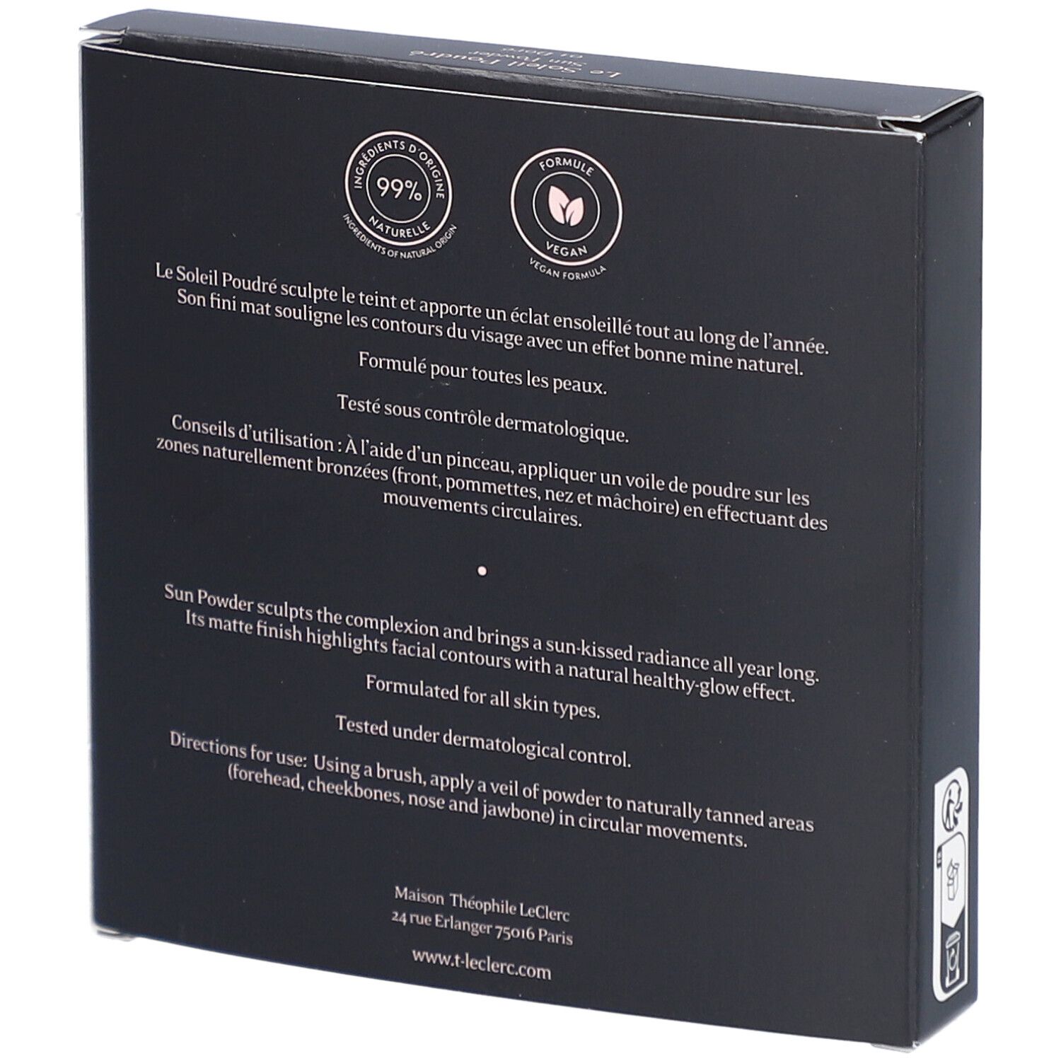 Dos de la boîte noire T.LeClerc Poudre Soleil Bronzante - 01 Doré. Texte sur ingrédients et utilisation.