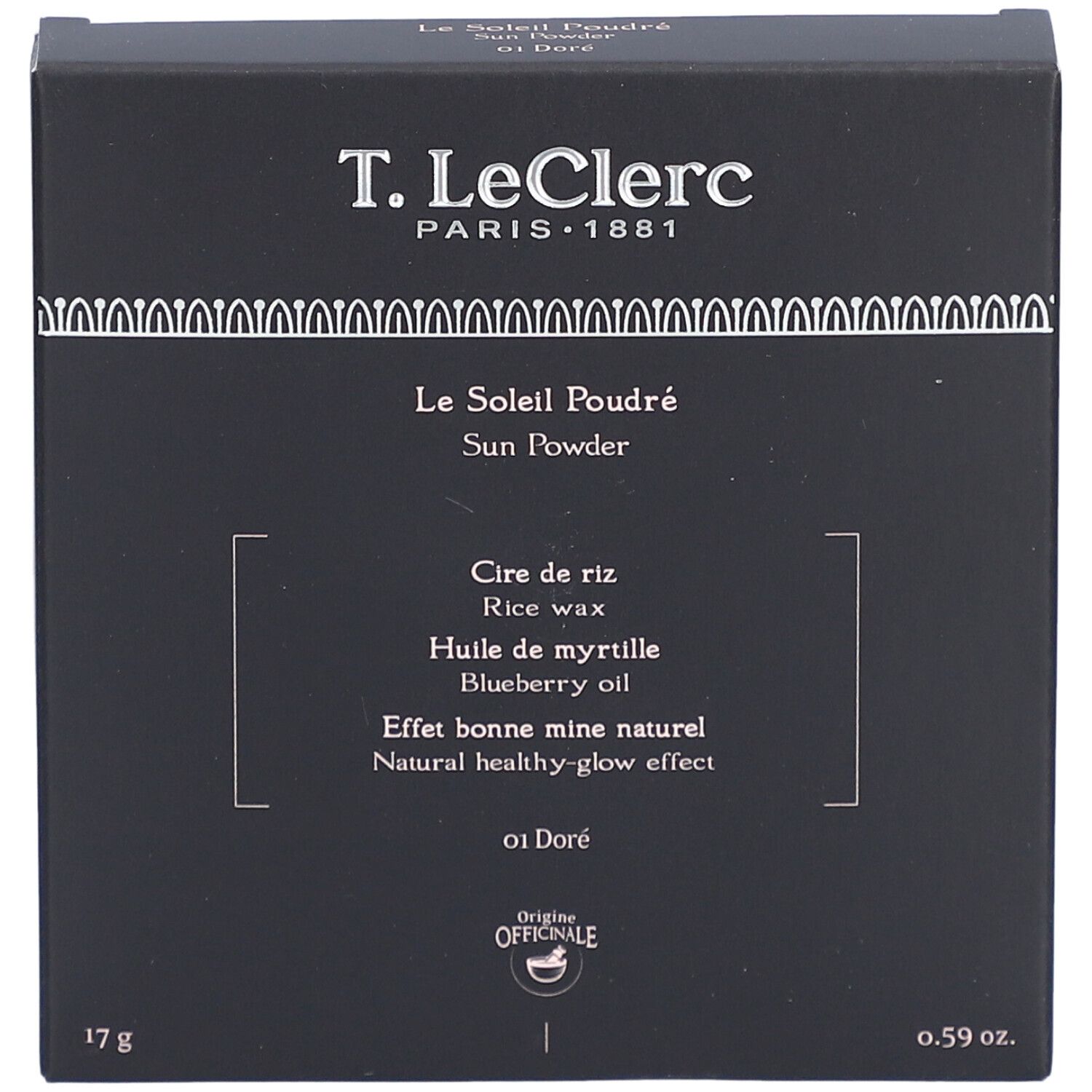 Boîte noire T.LeClerc Poudre Soleil Bronzante - 01 Doré. Ingrédients et poids indiqués. Aspect carré, détails blancs.