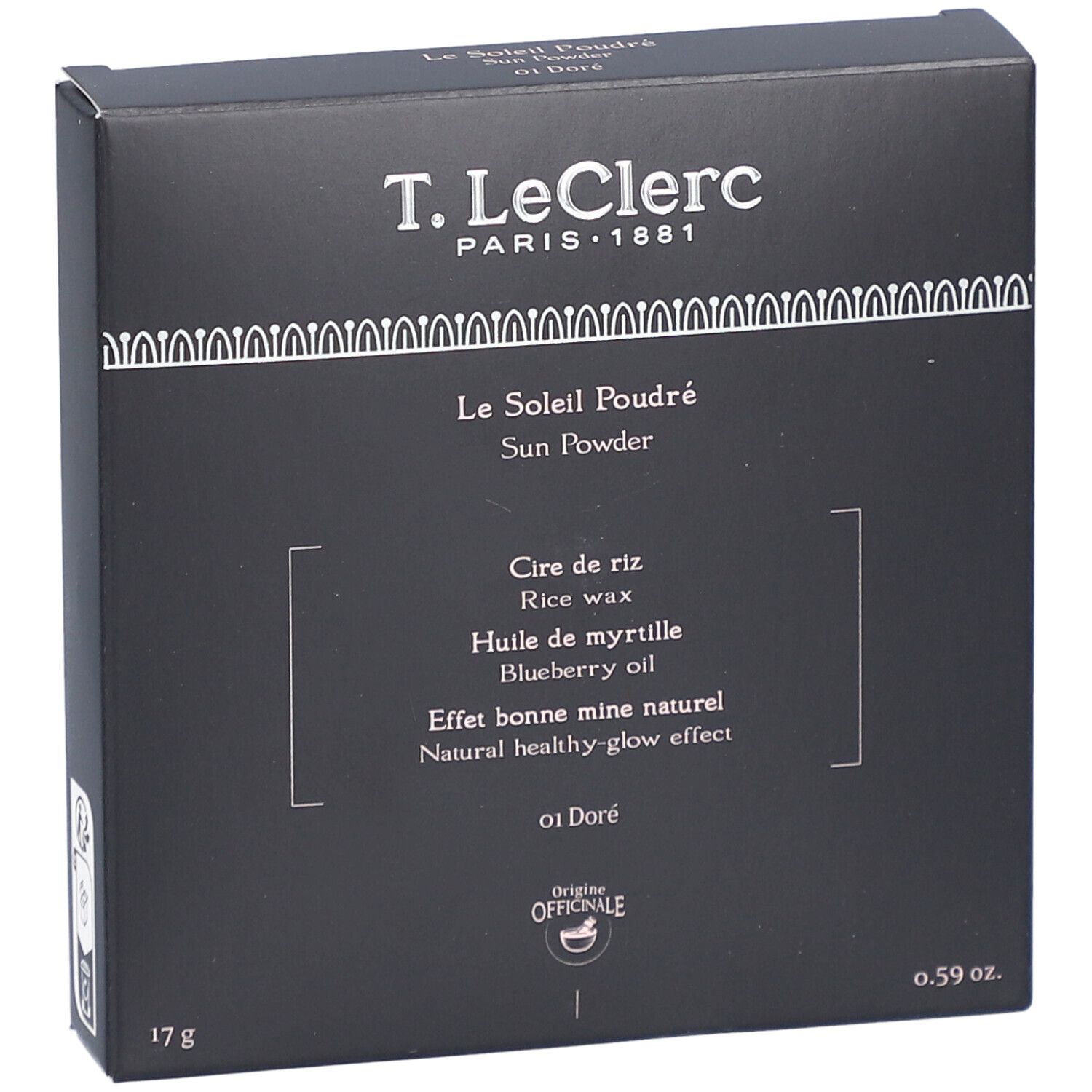 Boîte noire T.LeClerc Poudre Soleil Bronzante - 01 Doré. Ingrédients et poids indiqués. Aspect carré, détails blancs.