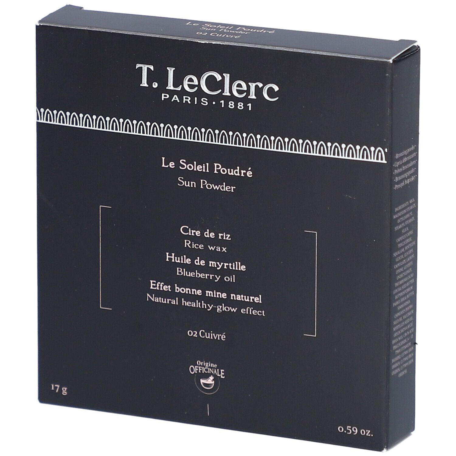 Boîte noire avec informations produit. Haut: T. LeClerc, Le Soleil Poudré, 02 Cuivré. Bas: 17g, 0.59 oz.