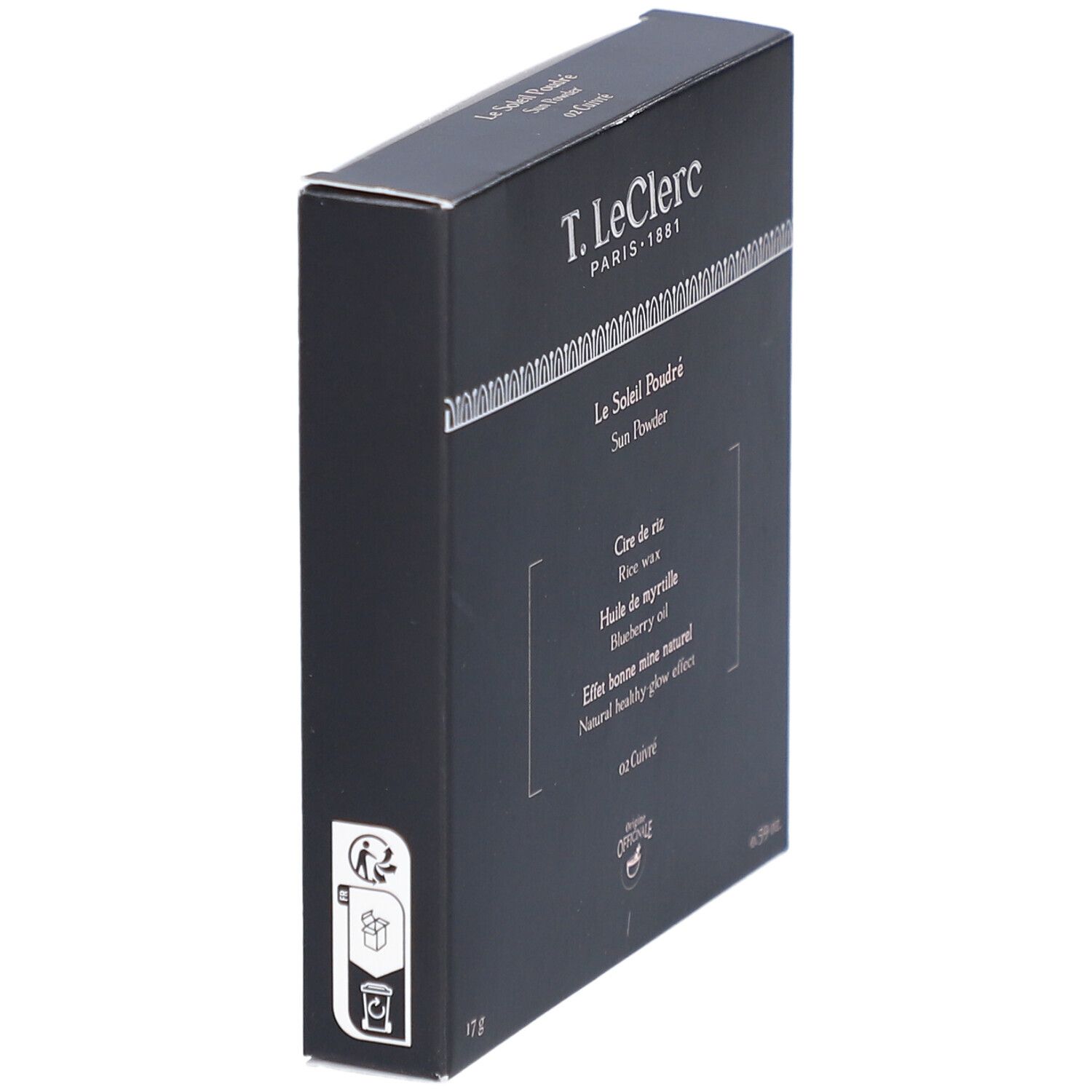 Boîte noire inclinée. Haut: T. LeClerc, Le Soleil Poudré. Côté: informations produit. Bas: 17g.