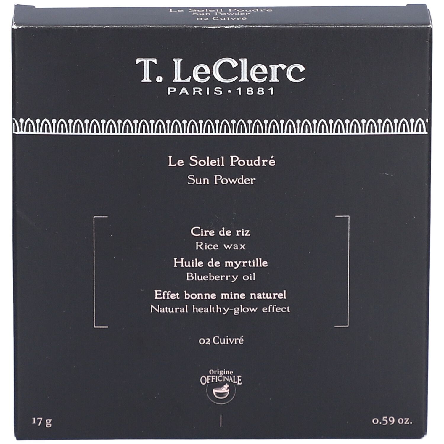 Boîte noire. Haut: T. LeClerc, Le Soleil Poudré, 02 Cuivré. Bas: 17g, 0.59 oz. Logo: Origine Officinale.