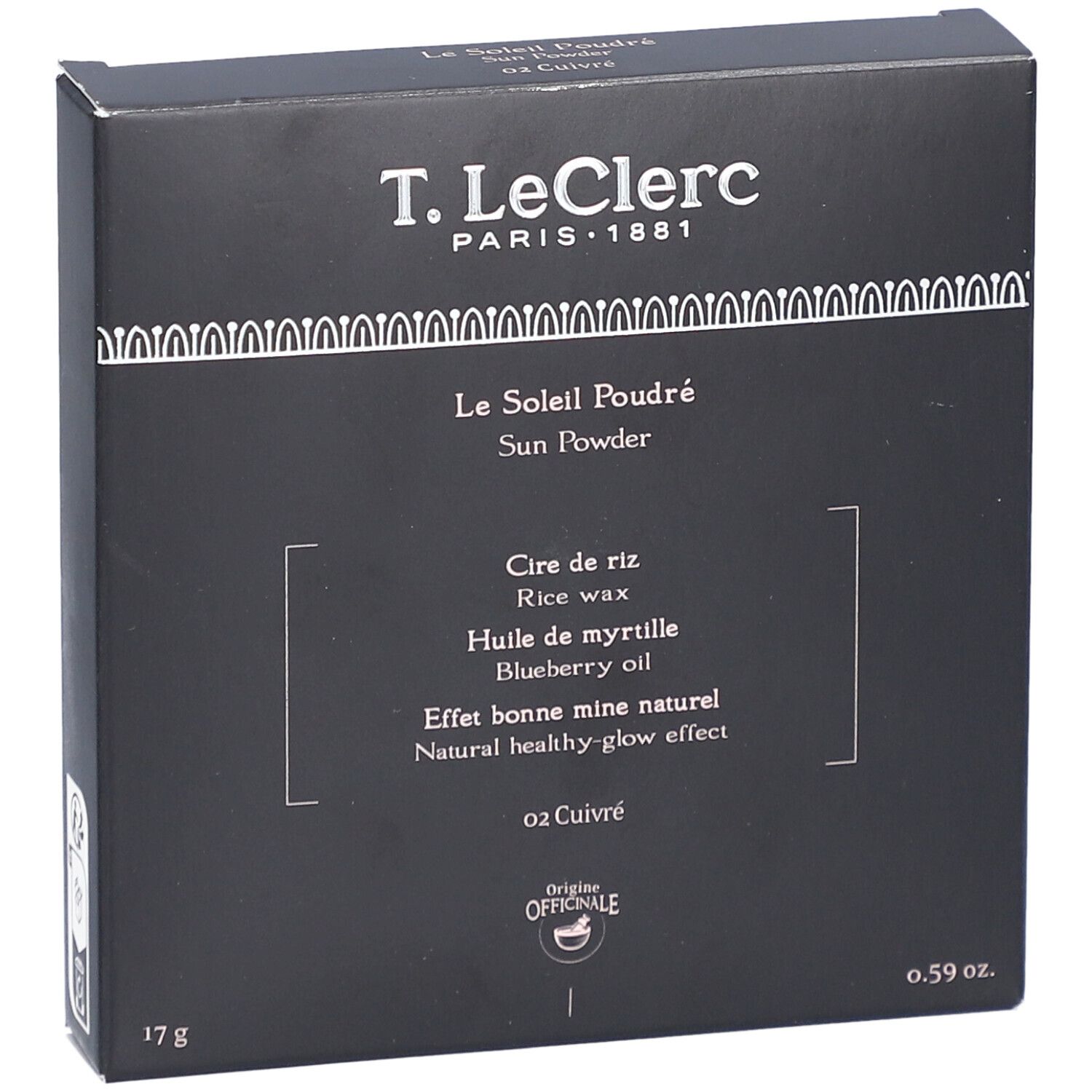 Boîte noire. Haut: T. LeClerc, Le Soleil Poudré, 02 Cuivré. Bas: 17g, 0.59 oz.