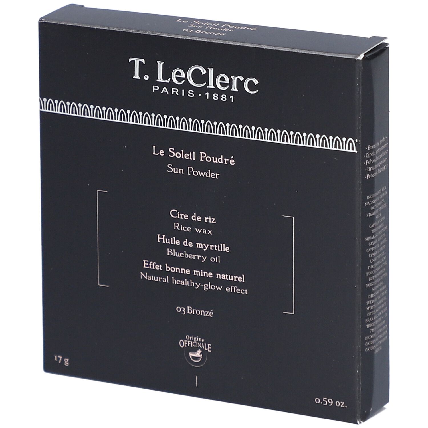 Boîte marron foncé. Inscriptions: T. LeClerc, Le Soleil Poudré, 03 Bronzé. Ingrédients: Cire de riz, Huile de myrtille.