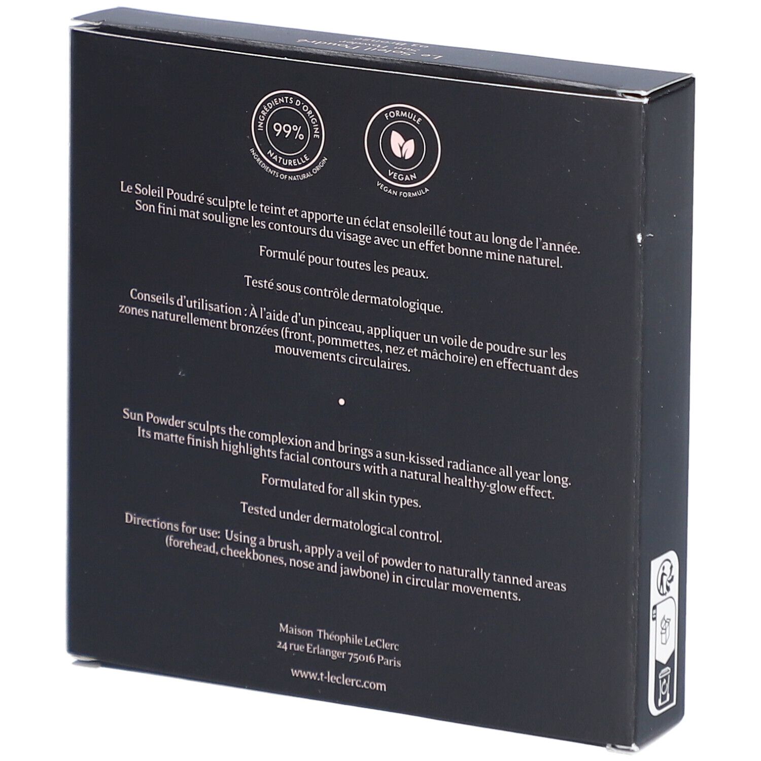 Dos de la boîte marron foncé. Texte: Le Soleil Poudré, 99% ingrédients naturels, vegan. Mode d'emploi.