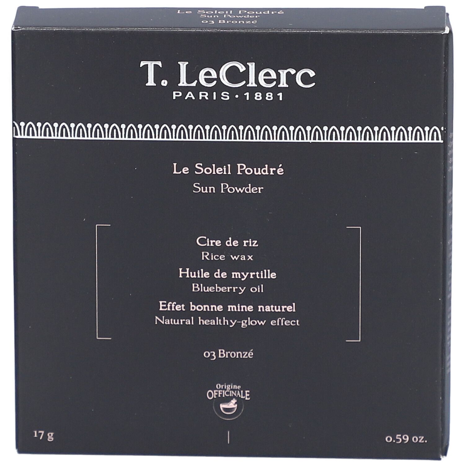 Boîte marron foncé. Inscriptions: T. LeClerc, Le Soleil Poudré, 03 Bronzé. Ingrédients: Cire de riz, Huile de myrtille.