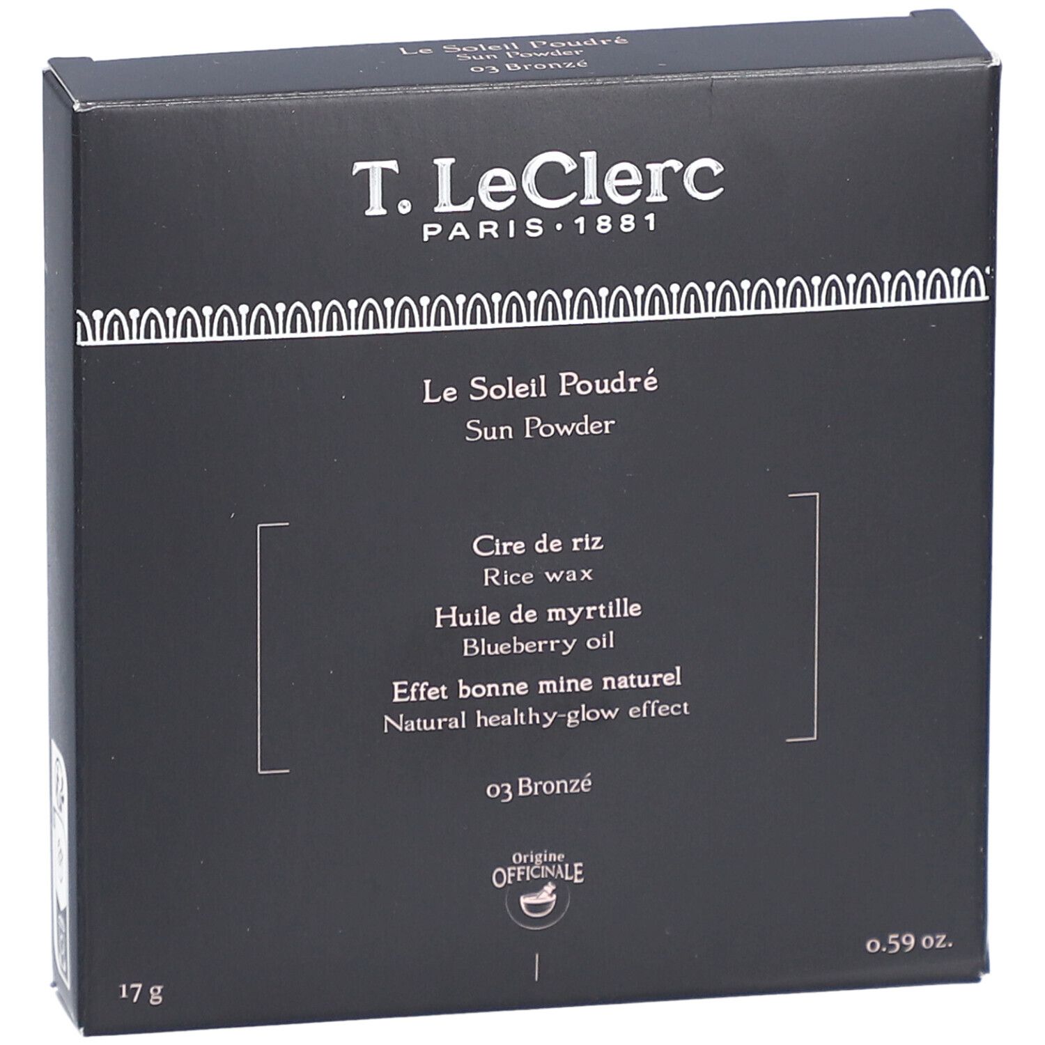 Boîte marron foncé. Inscriptions: T. LeClerc, Le Soleil Poudré, 03 Bronzé. Ingrédients: Cire de riz, Huile de myrtille.