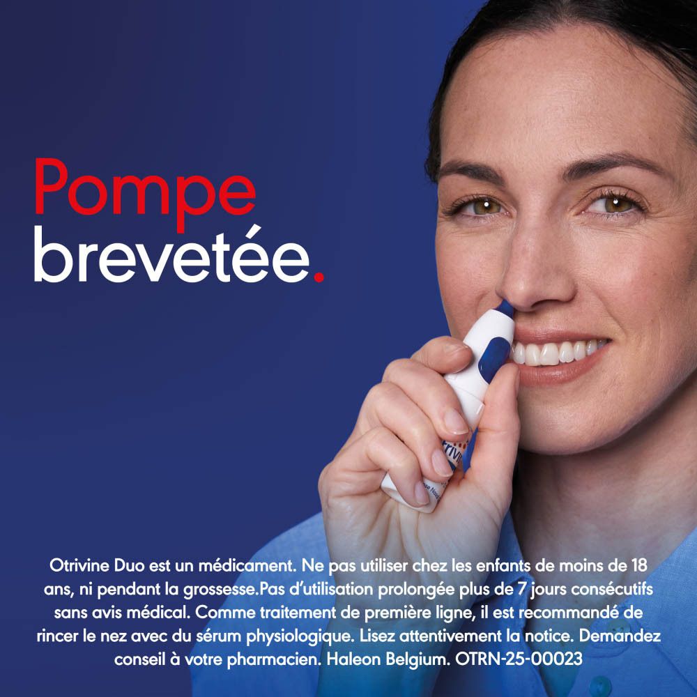 Femme utilisant un spray nasal. Texte: Nouvelle pompe brevetée. Informations produit.