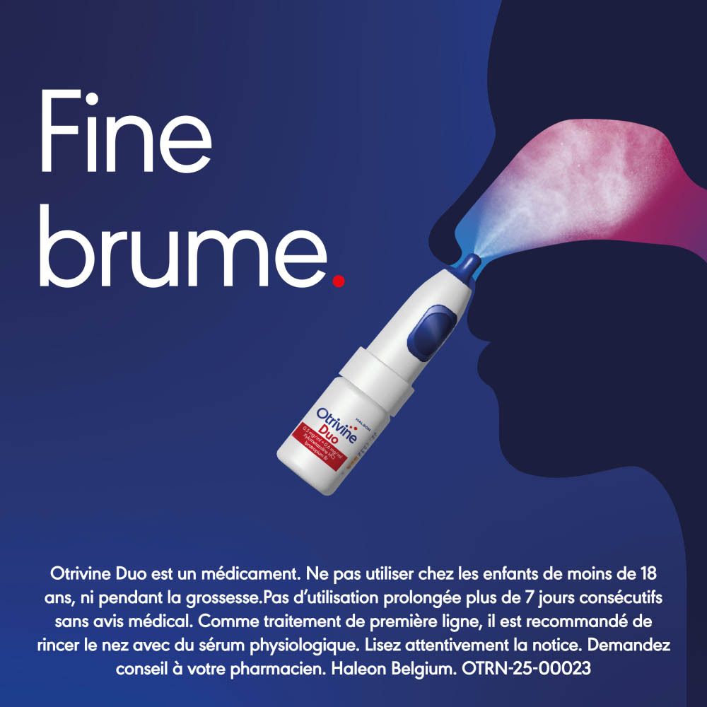 Application de spray nasal. Texte: Fine brume. Informations sur le produit.