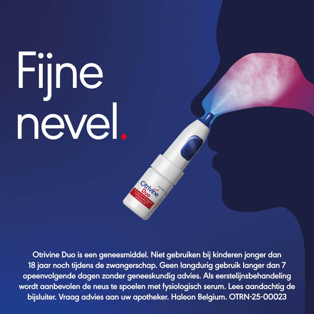Neusspray-toepassing. Tekst: Fijne nevel. Productinfo.