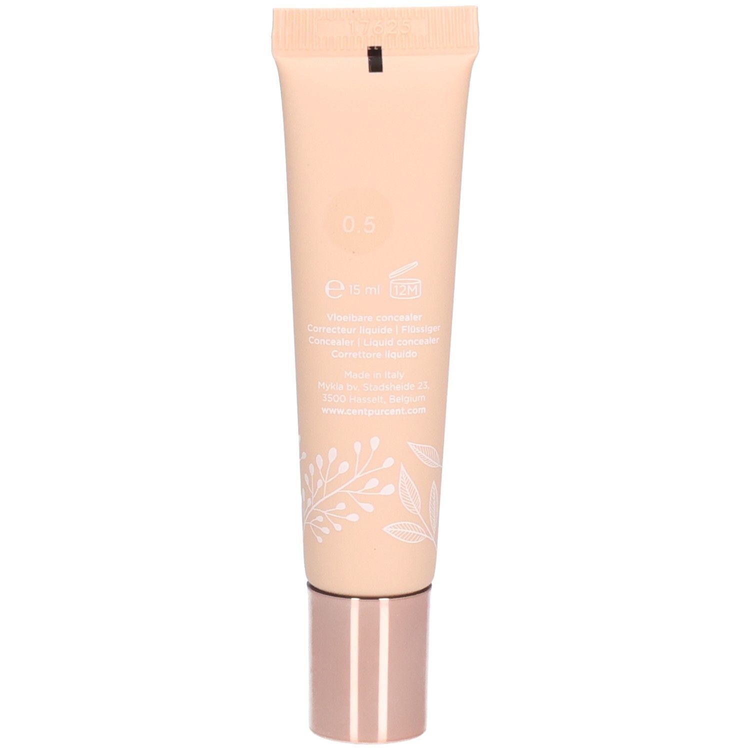 Rückseite des Cent Pur Cent Flüssiger Concealer 0,5 Schlauchs mit Produktinformationen und Haltbarkeitsdatum.