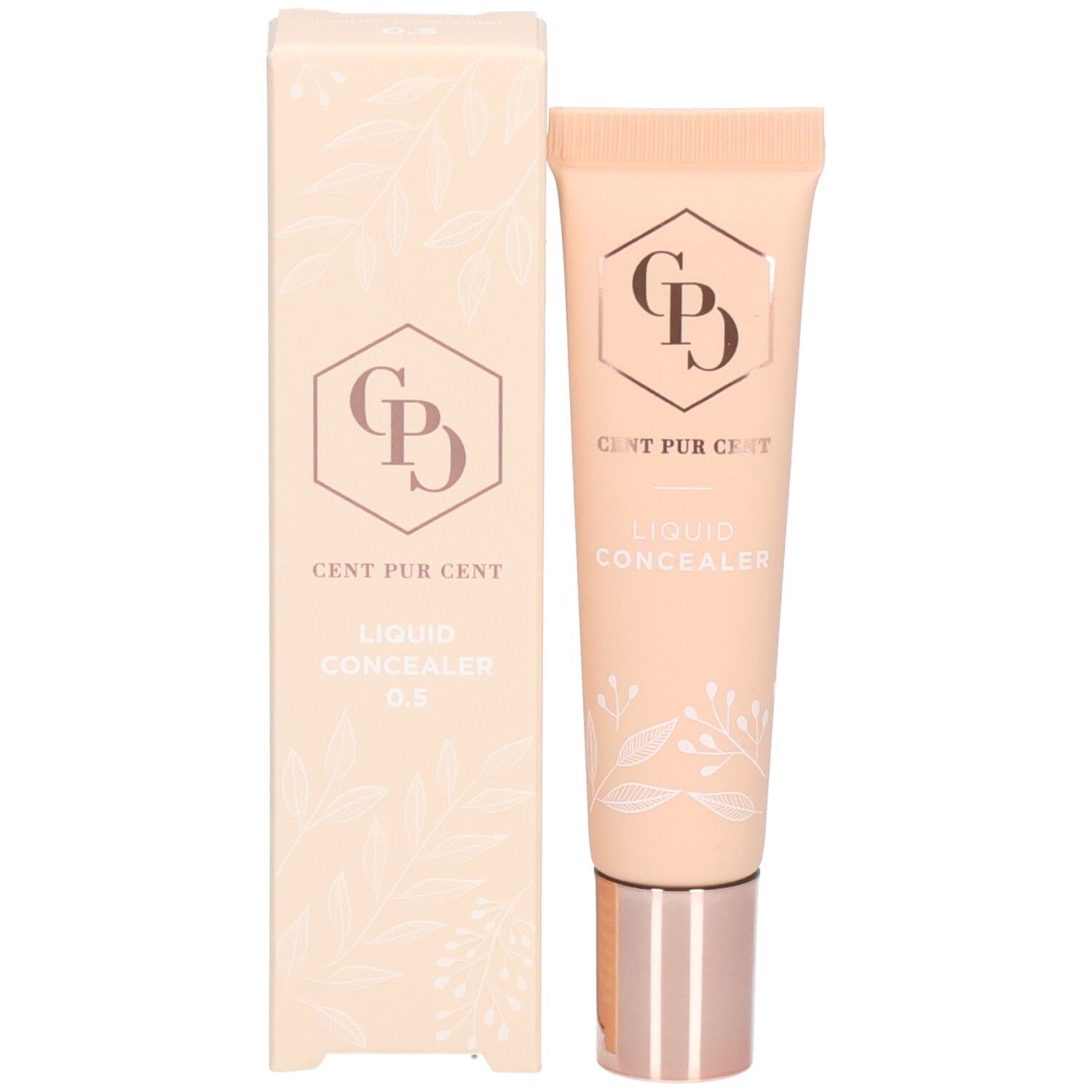 Cent Pur Cent Flüssiger Concealer 0,5 mit seiner Verpackungsschachtel, beide mit floralem Design.