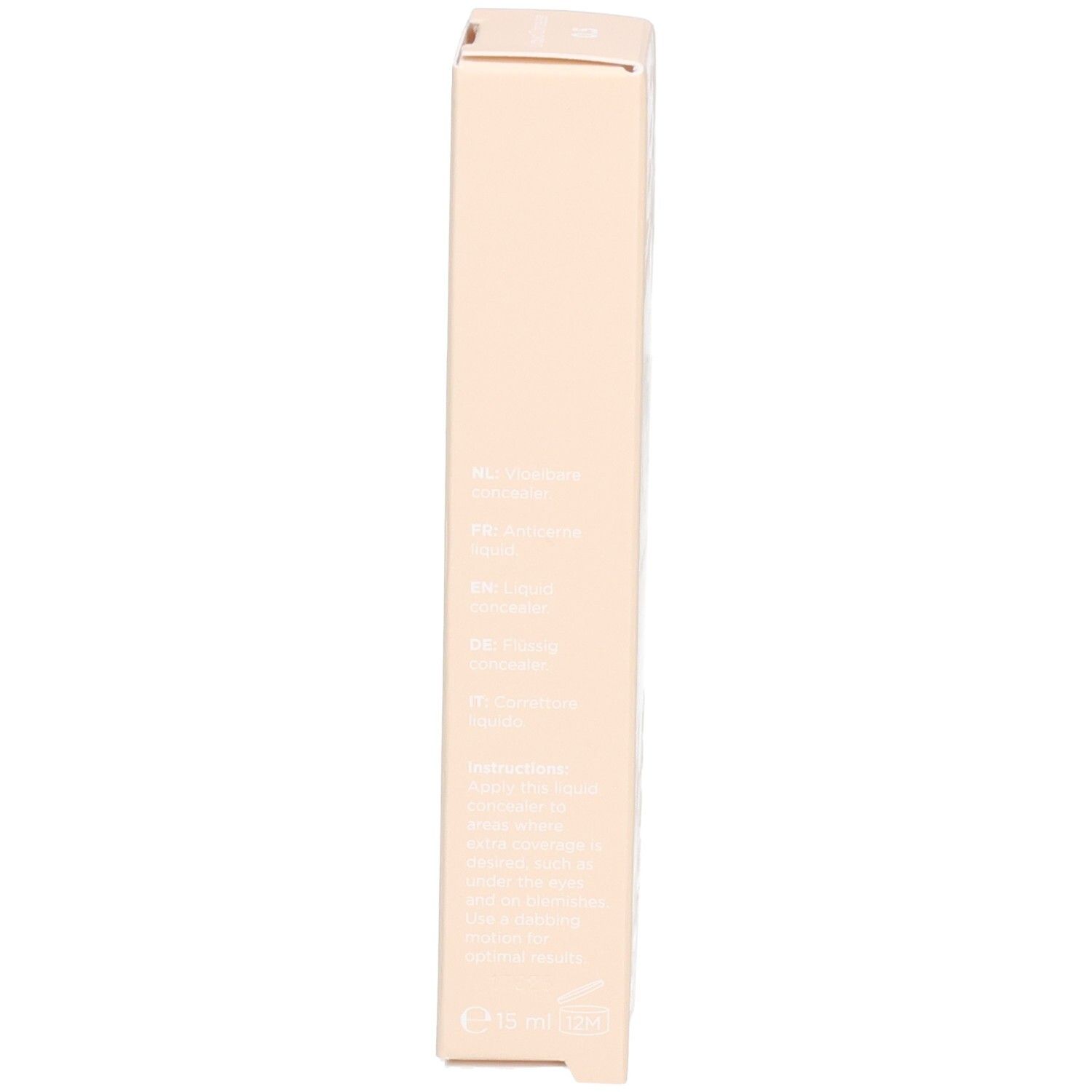 Seite der Cent Pur Cent Concealer-Verpackung mit detaillierten Produktinformationen in mehreren Sprachen.