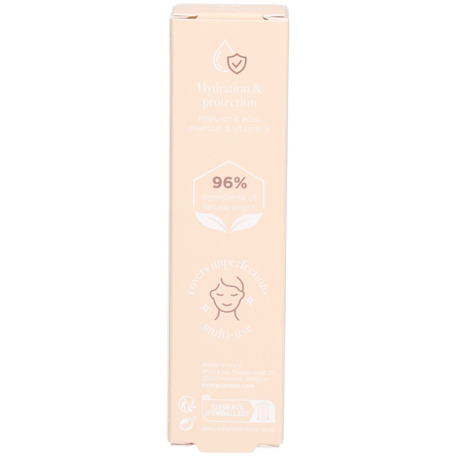 Seite der Cent Pur Cent Concealer-Verpackung mit Hinweisen zu Hyaluron & Pro-Vitamin B5 und 96% natürlichen Inhaltsstoffen.