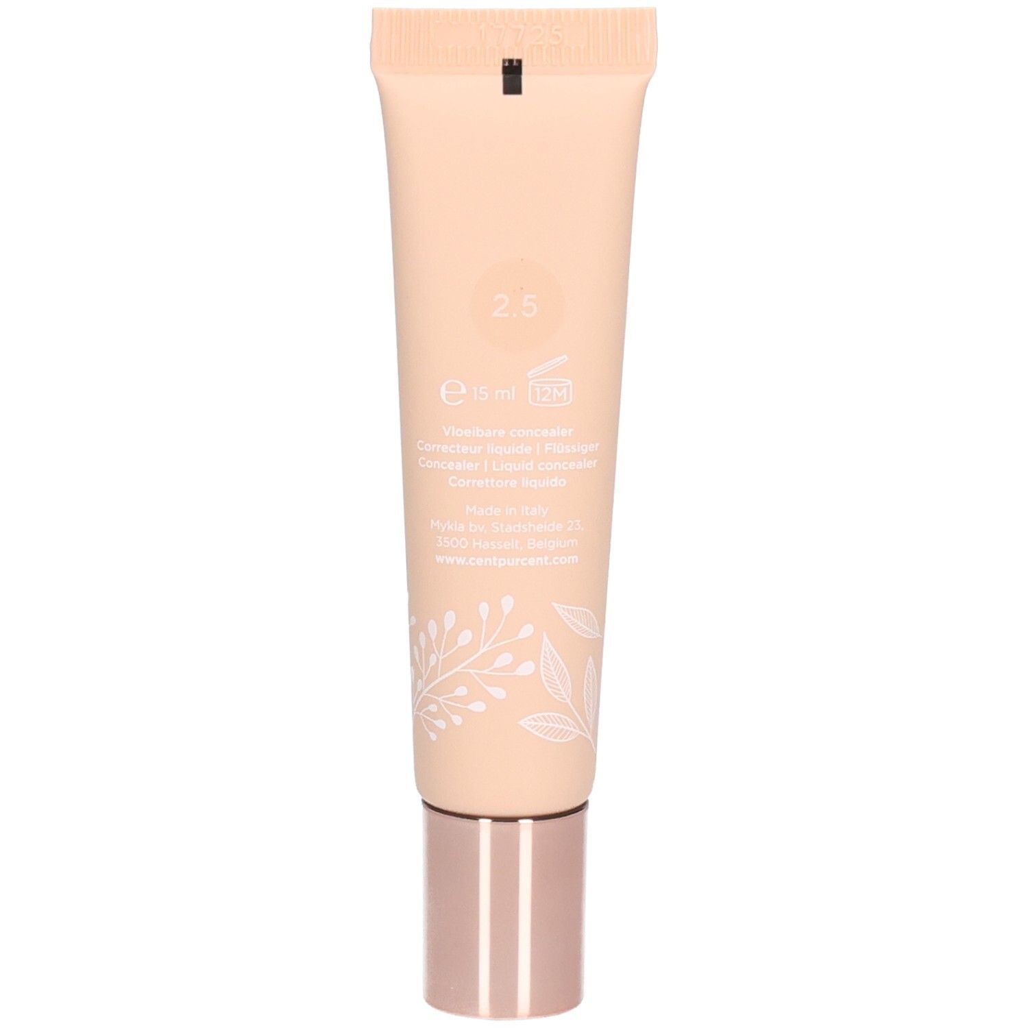 Rückseite der Cent Pur Cent Flüssig-Concealer 2,5 Tube mit Produktinformationen.