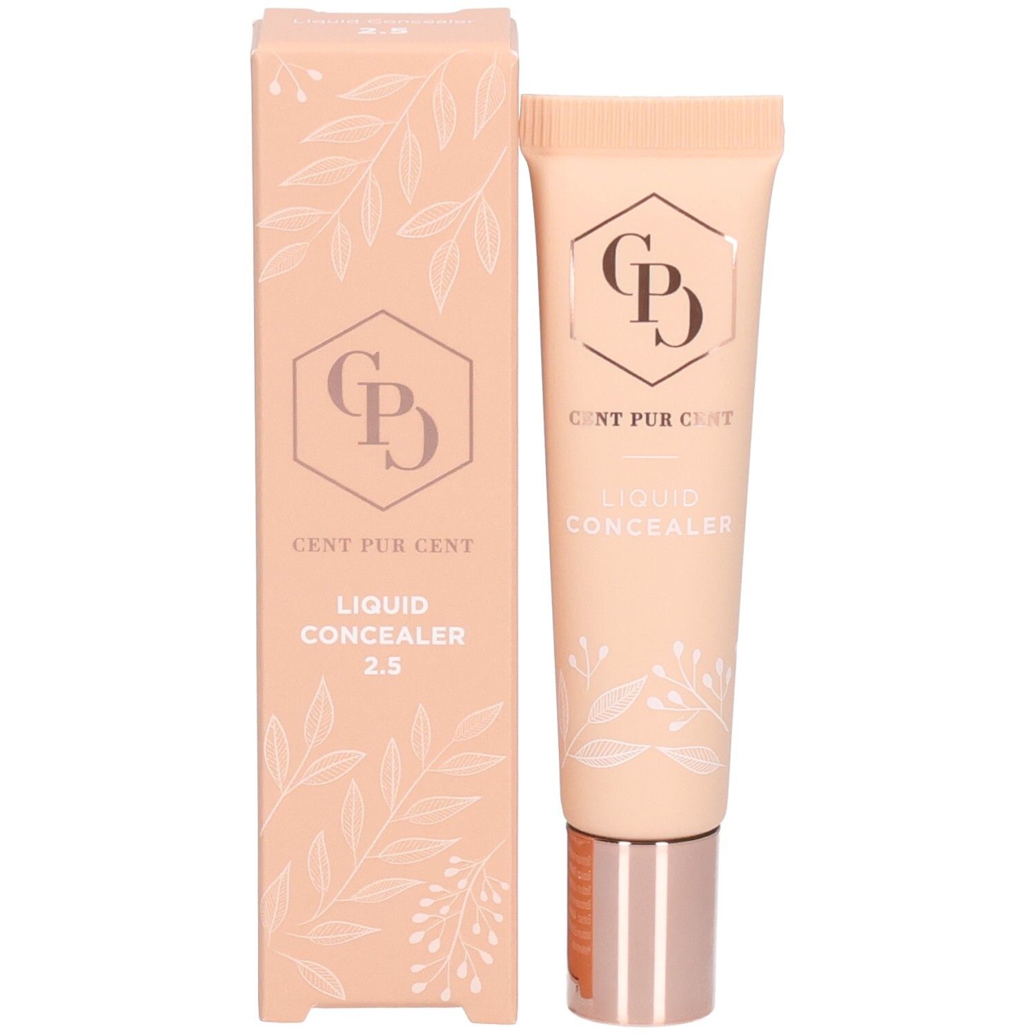 Cent Pur Cent Flüssig-Concealer 2,5 und Verpackung mit floralem Muster.