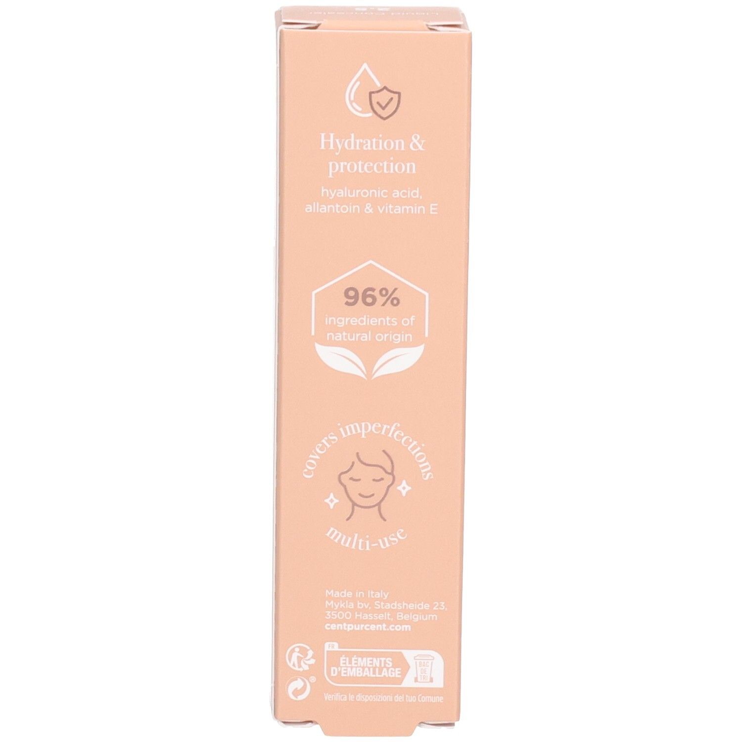 Seite der Cent Pur Cent Flüssig-Concealer 2,5 Verpackung mit Inhaltsstoffen.