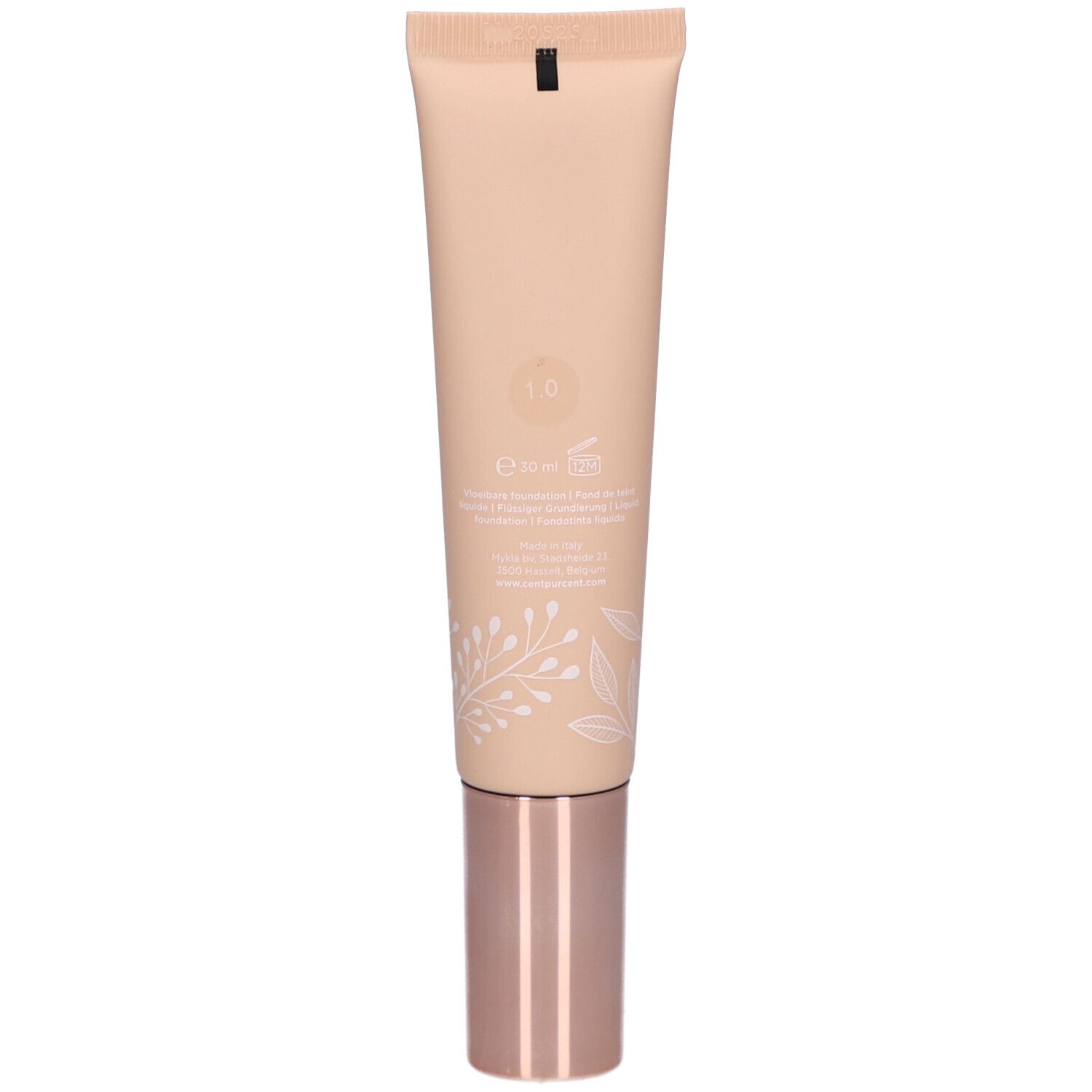 Rückseite der Tube. Aufschrift: Cent Pur Cent Liquid Foundation 1.0. Mit Inhaltsangaben.