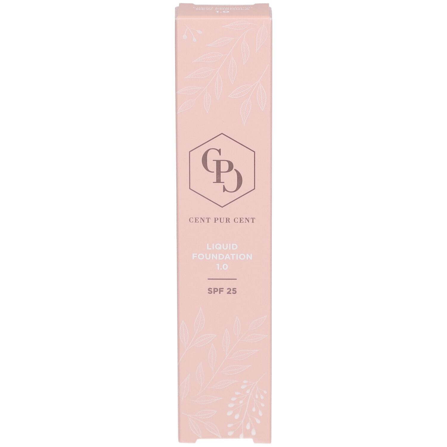 Rosa Verpackung. Aufschrift: Cent Pur Cent Liquid Foundation 1.0. Mit Logo und SPF 25.