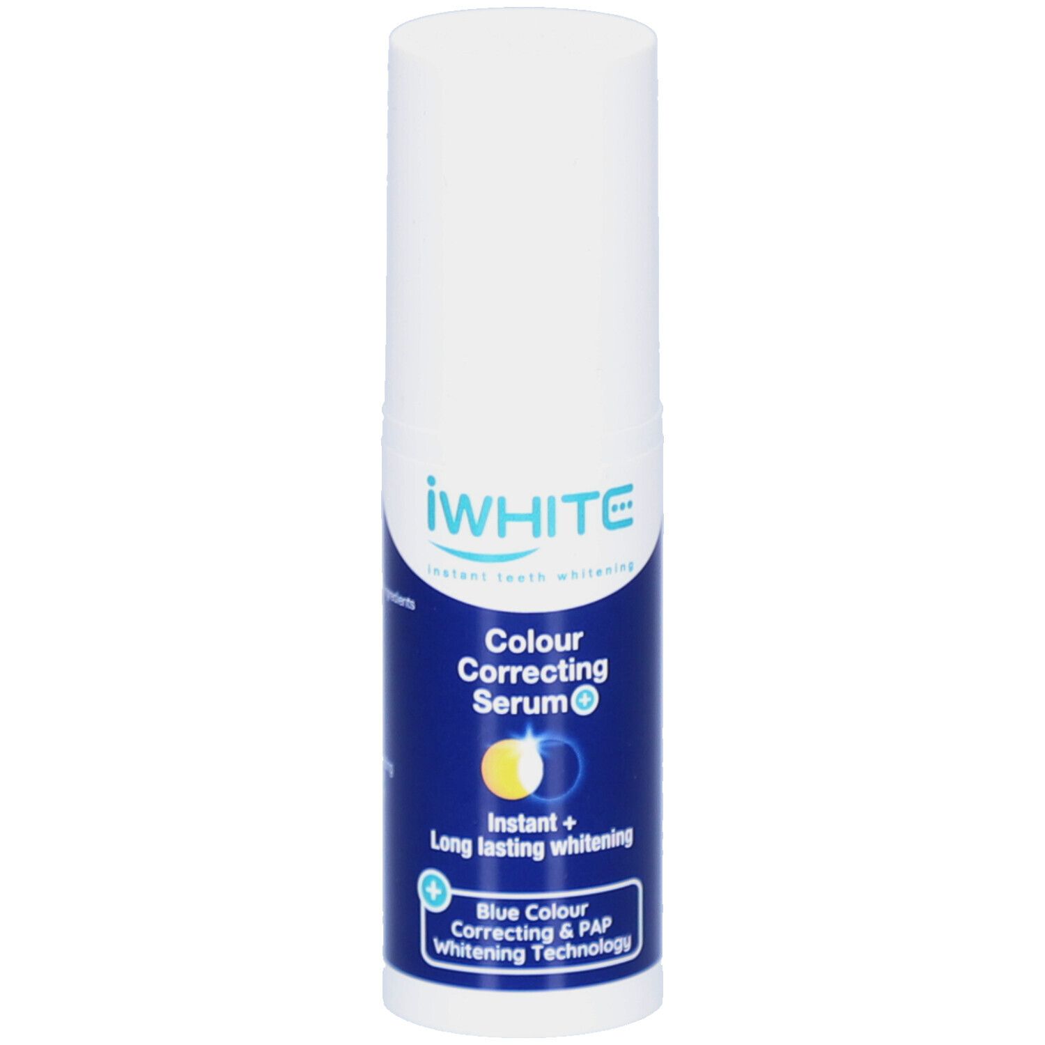 Weiß-blaue Flasche mit iWHITE-Logo und Produktbezeichnung: Colour Correcting Serum. Enthält Informationen zu Inhaltsstoffen und Technologie.