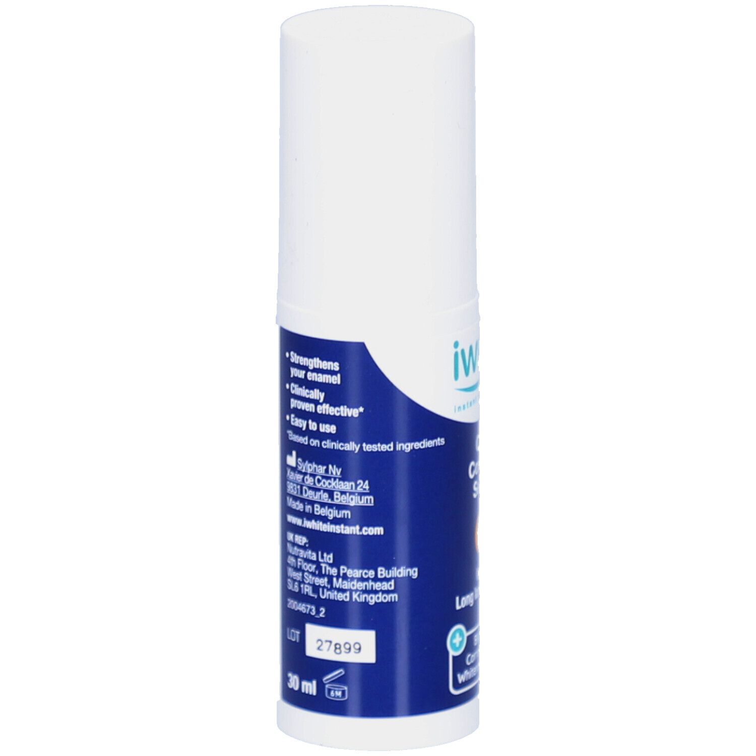 Rückseite der weißen und blauen Flasche. Enthält Informationen zu Inhaltsstoffen, Herstelleradresse und Chargennummer.