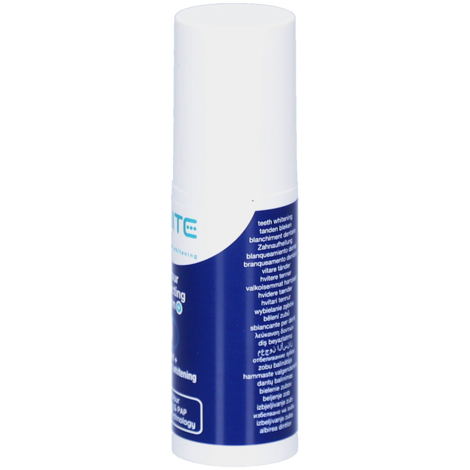 Rückseite der weißen und blauen Flasche. Enthält Informationen zu Inhaltsstoffen, Herstelleradresse und Chargennummer.