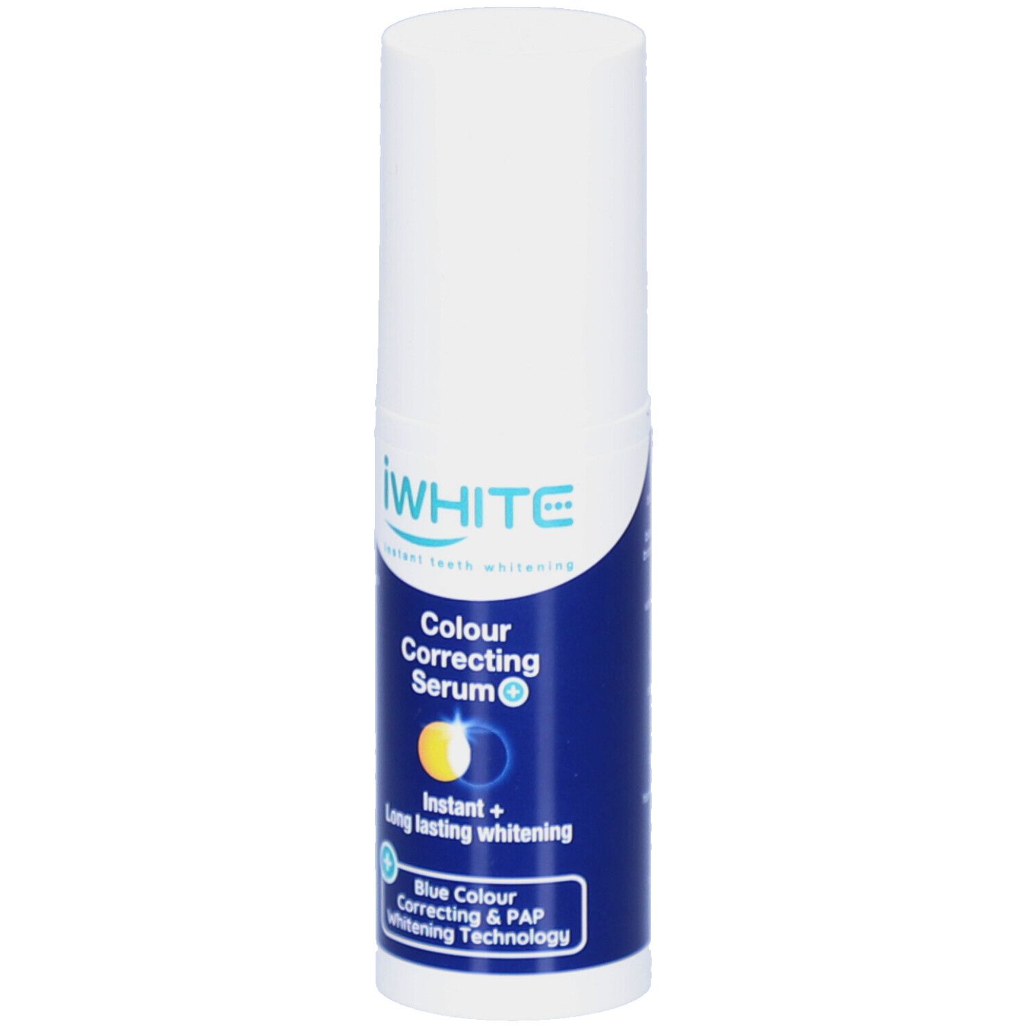Weiß-blaue Flasche mit iWHITE-Logo und Produktbezeichnung: Colour Correcting Serum. Enthält Informationen zu Inhaltsstoffen und Technologie.